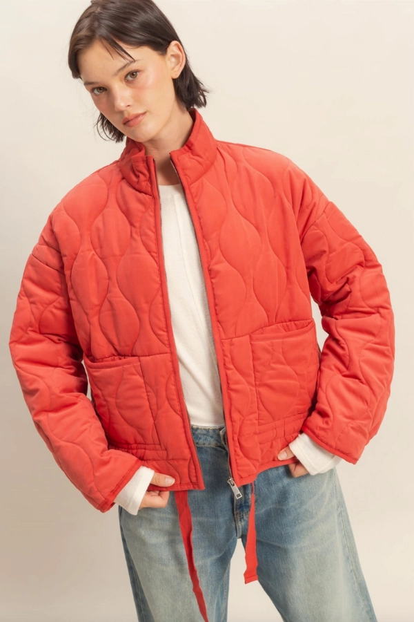 Layered Panel Construction Quilted Jacket - Pale Red