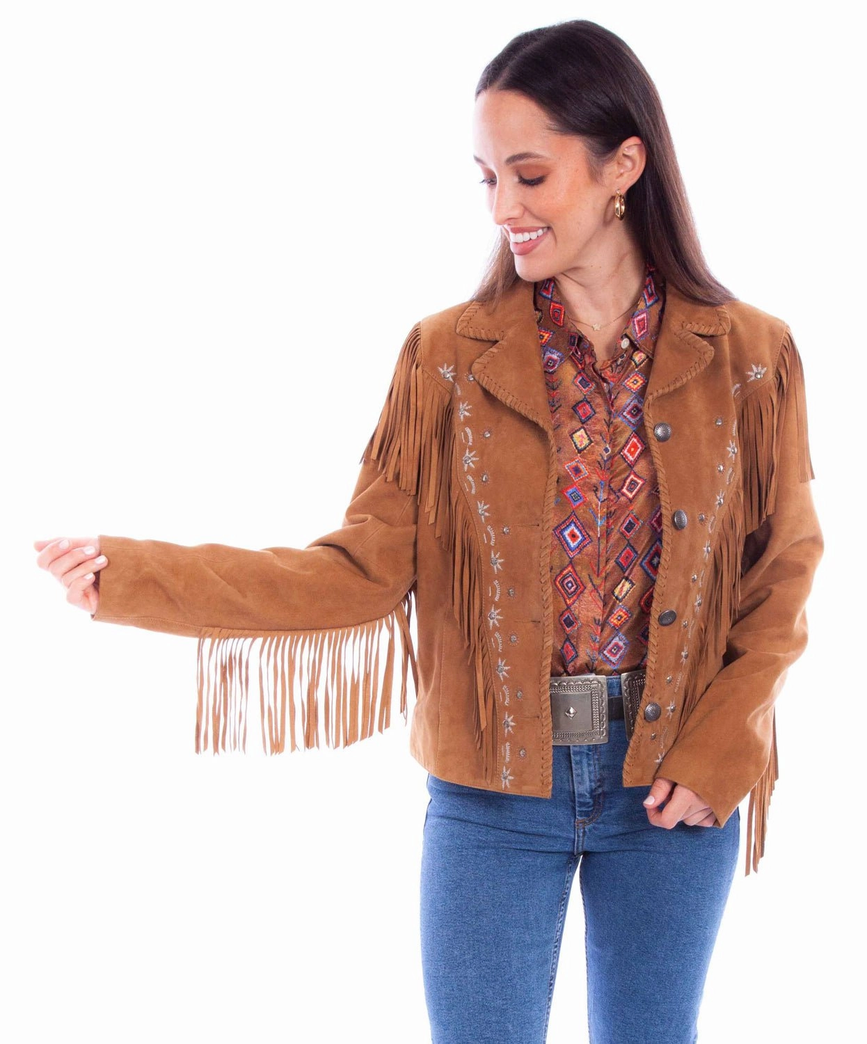 Heat Sealed Seams StretchFit Silhouette Scully Womens Western Fringe Button Tan Leather Leather Jacket
