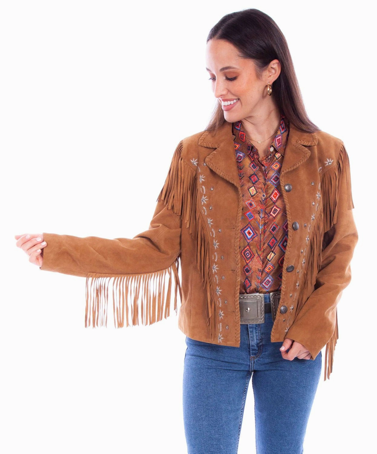 Heat Tech Fabric Mold resistant Scully Womens Western Fringe Button Tan Leather Leather Jacket