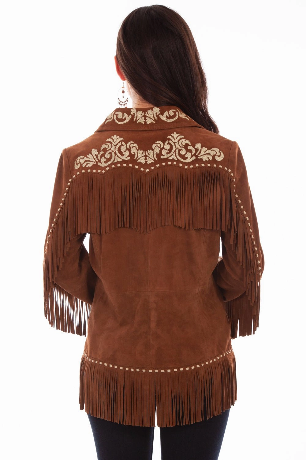 Functional Zip Detail Casual Style Scully Womens Cinnamon Leather Western Fringe Jacket