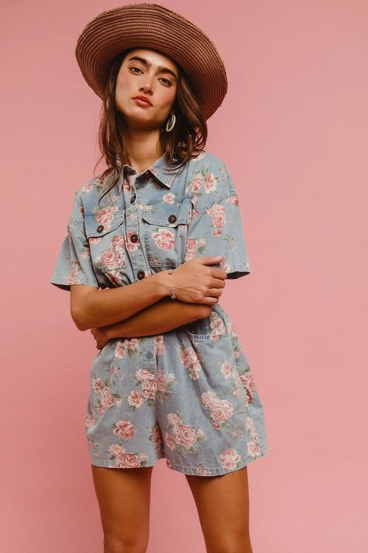 QUINN FLORAL PRINT WASHED LIGHTWEIGHT ROMPER S-XL Fun Prints Breeze Friendly
