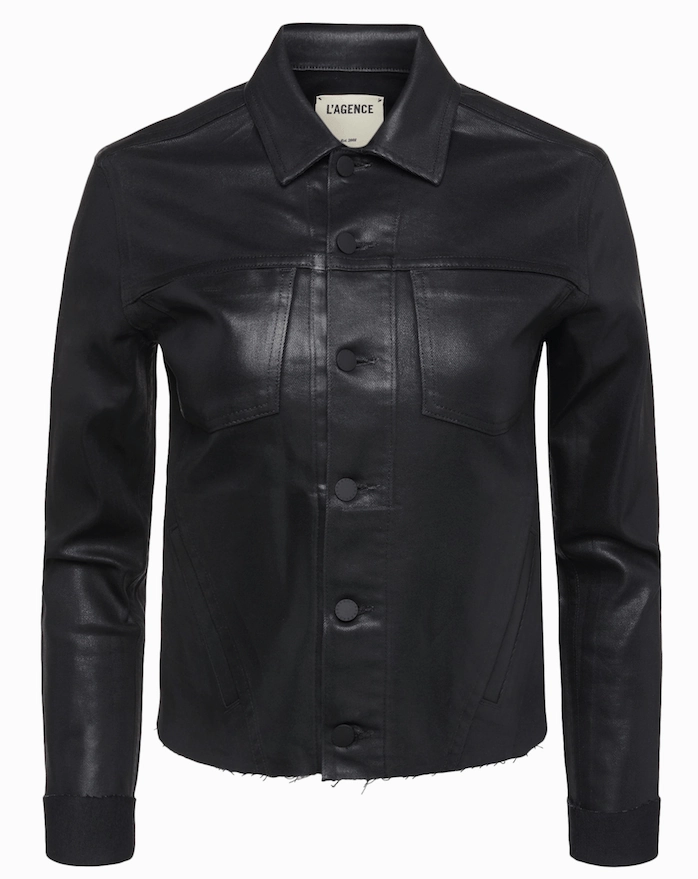 Airtight Seam Sealing L'AGENCE Janelle Slim Raw Coated Jacket In Saturated Black Coated