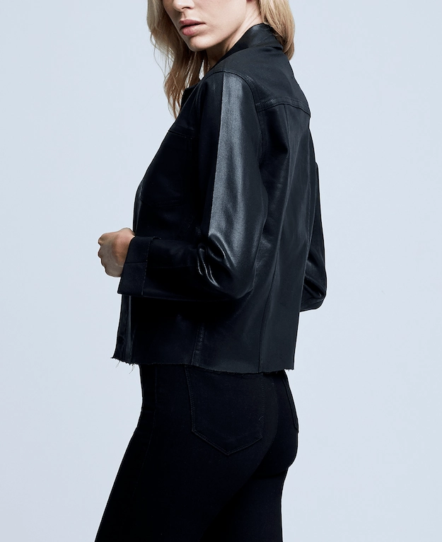 Form Fitting L'AGENCE Janelle Slim Raw Coated Jacket In Saturated Black Coated