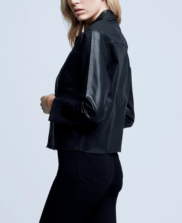 Mid Rise Fit Festival Outfit Urban Explorer L'AGENCE Janelle Slim Raw Coated Jacket In Saturated Black Coated