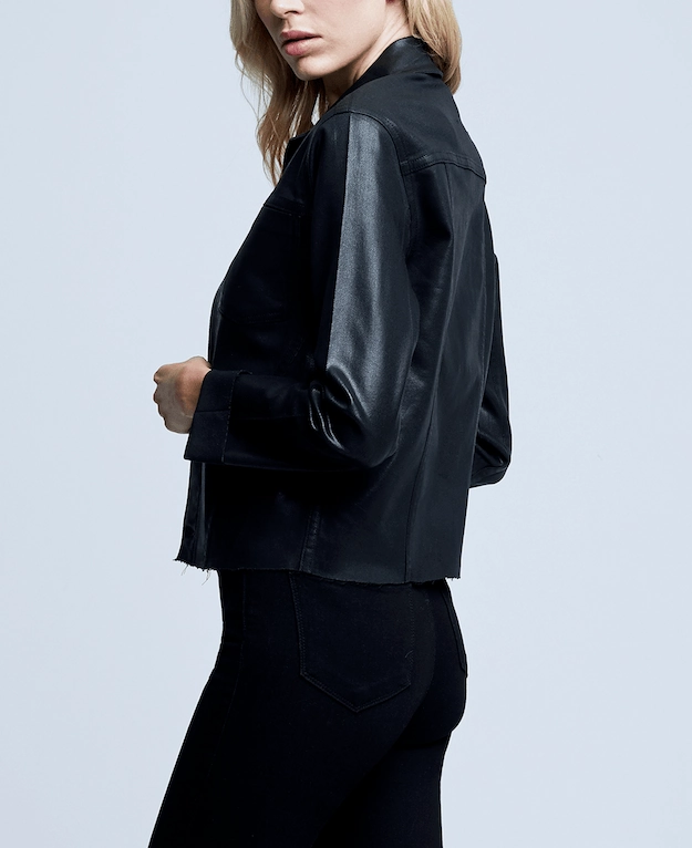 L'AGENCE Janelle Slim Raw Coated Jacket In Saturated Black Coated Reflective details Multipurpose Layering