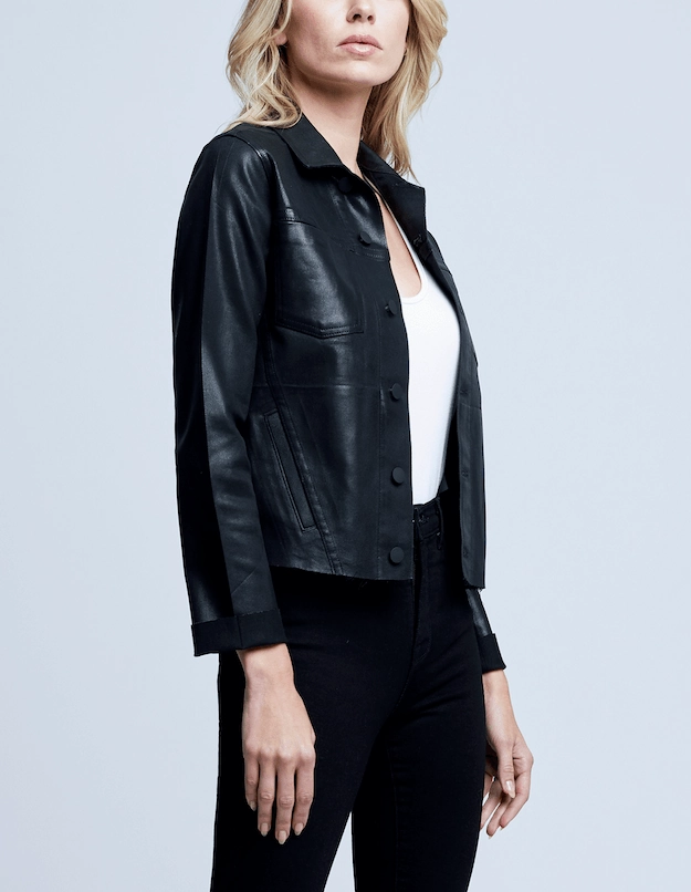 L'AGENCE Janelle Slim Raw Coated Jacket In Saturated Black Coated Compact Packable Feature Outdoor Adventure