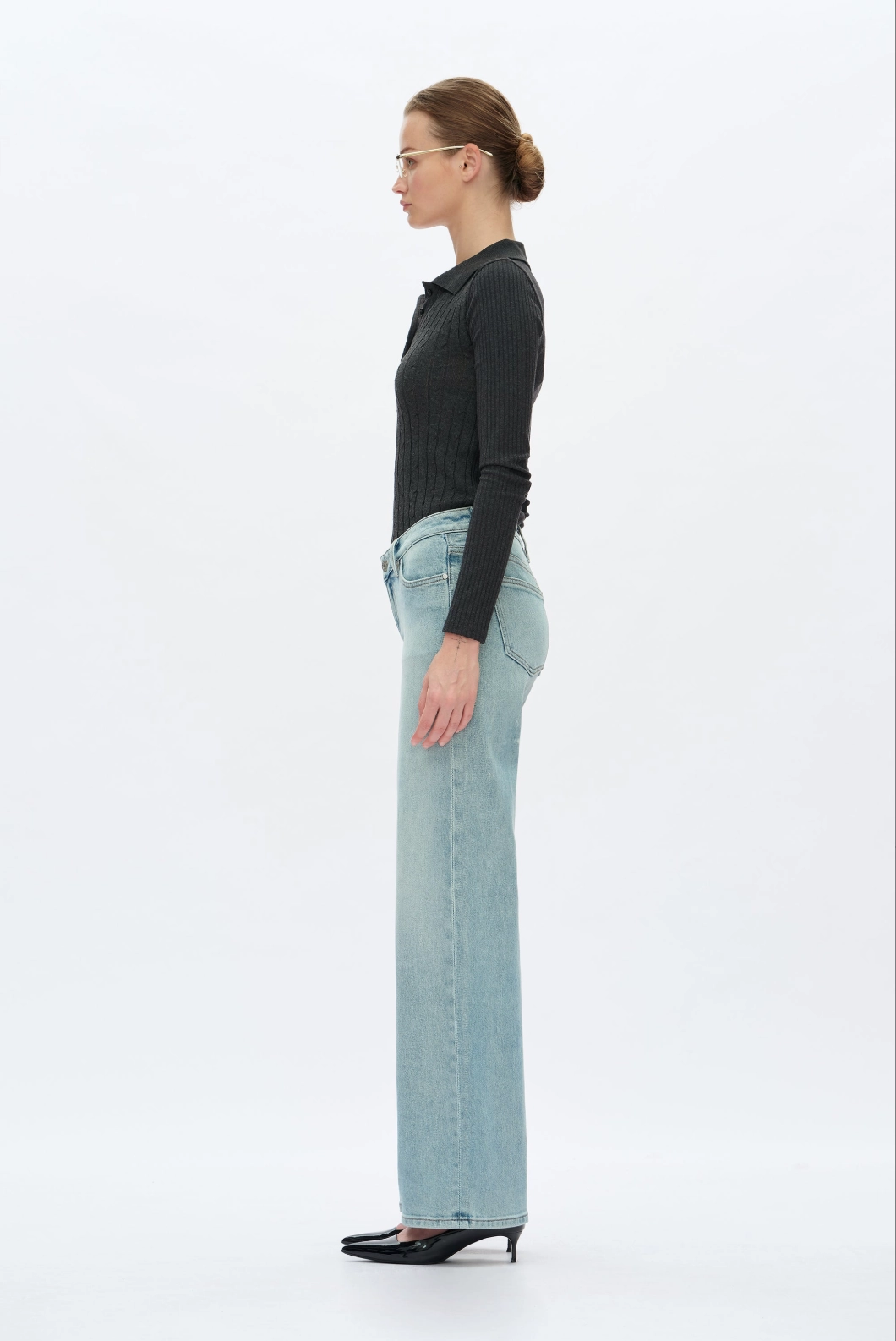 Low Rise Straight Leg Jeans - Retro Light Blue MeshVentilation Self Fabric Tie Closure