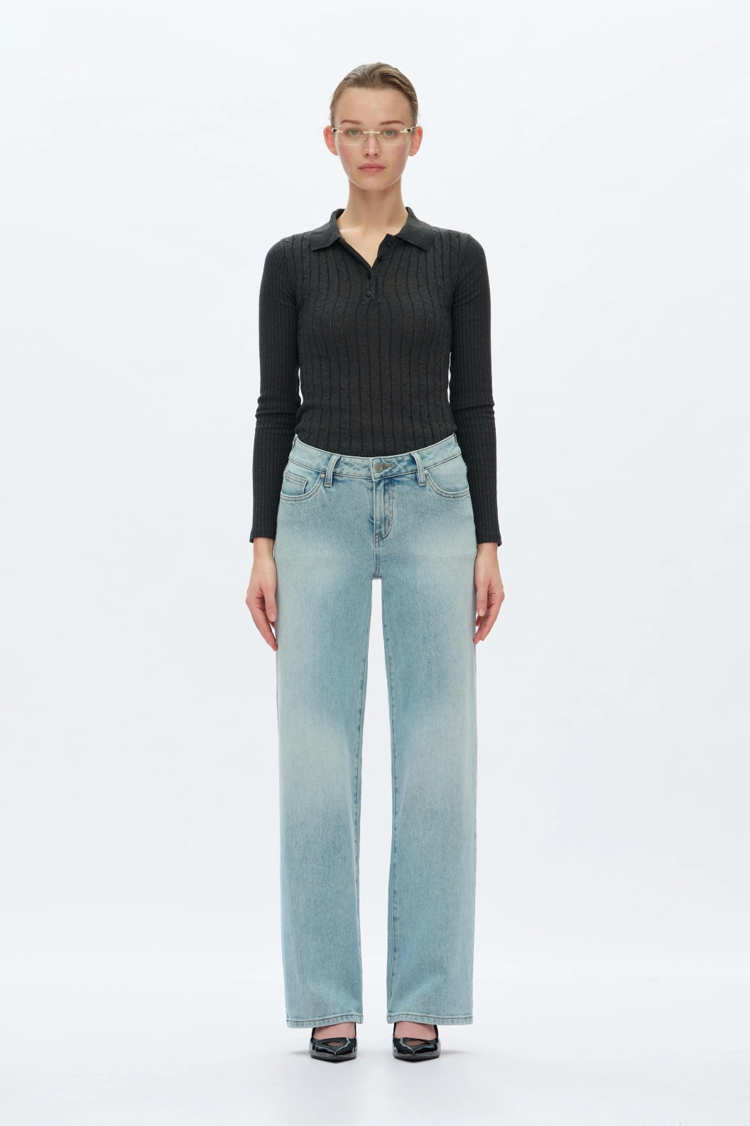 Low Rise Straight Leg Jeans - Retro Light Blue Contrast Stitch Formal top