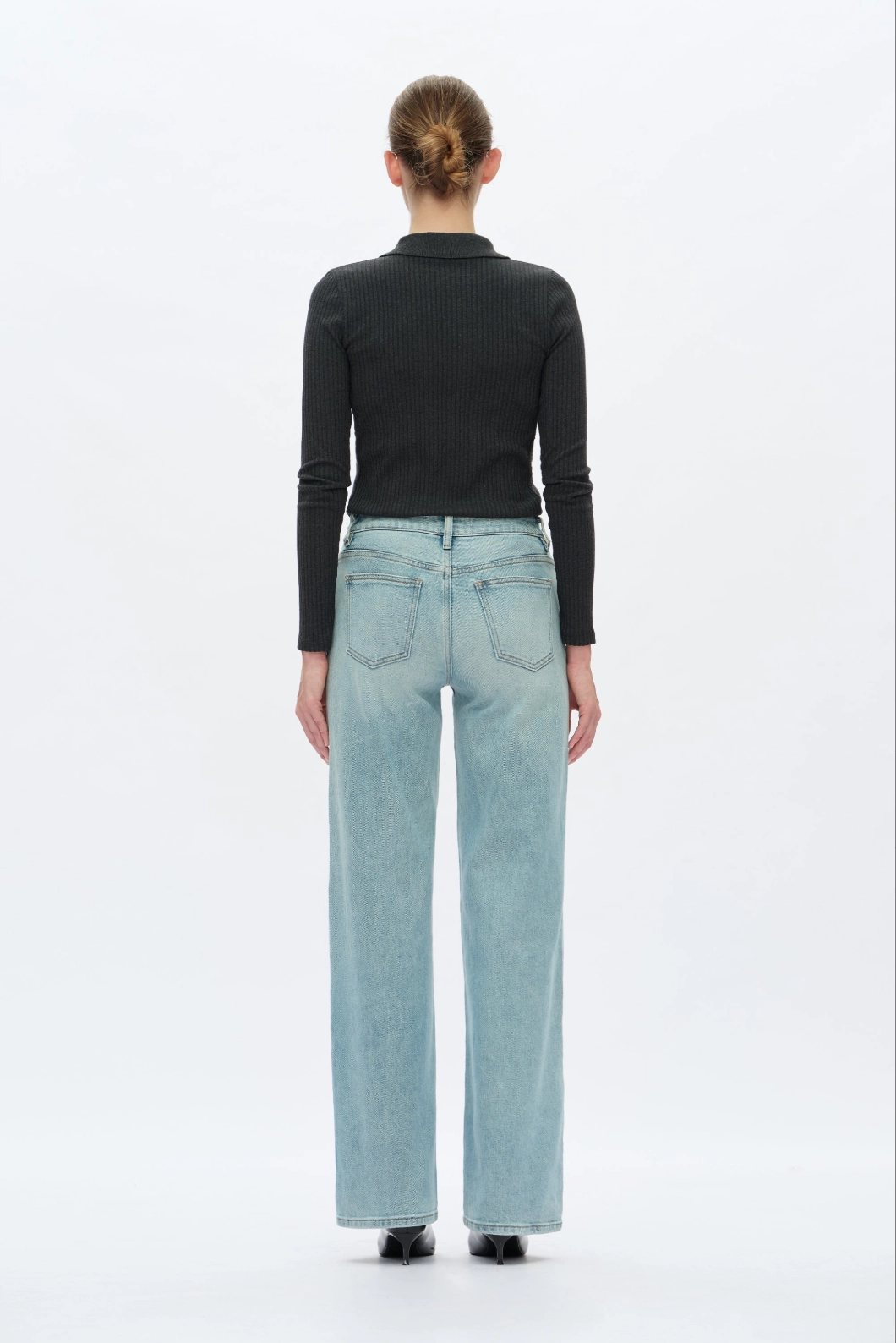 Flexible Ribbed Cuffs Low Rise Straight Leg Jeans - Retro Light Blue