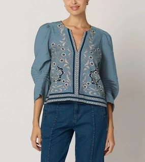 Farrah Blouse | Cardamon Blue Sport Hoodie Bonded Seam Technique