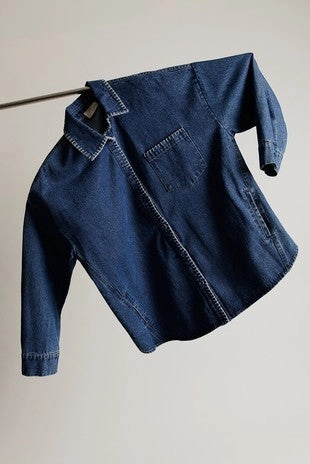 Stitch Detail Denim Shacket Fray Resistant Edges Wool Sweater