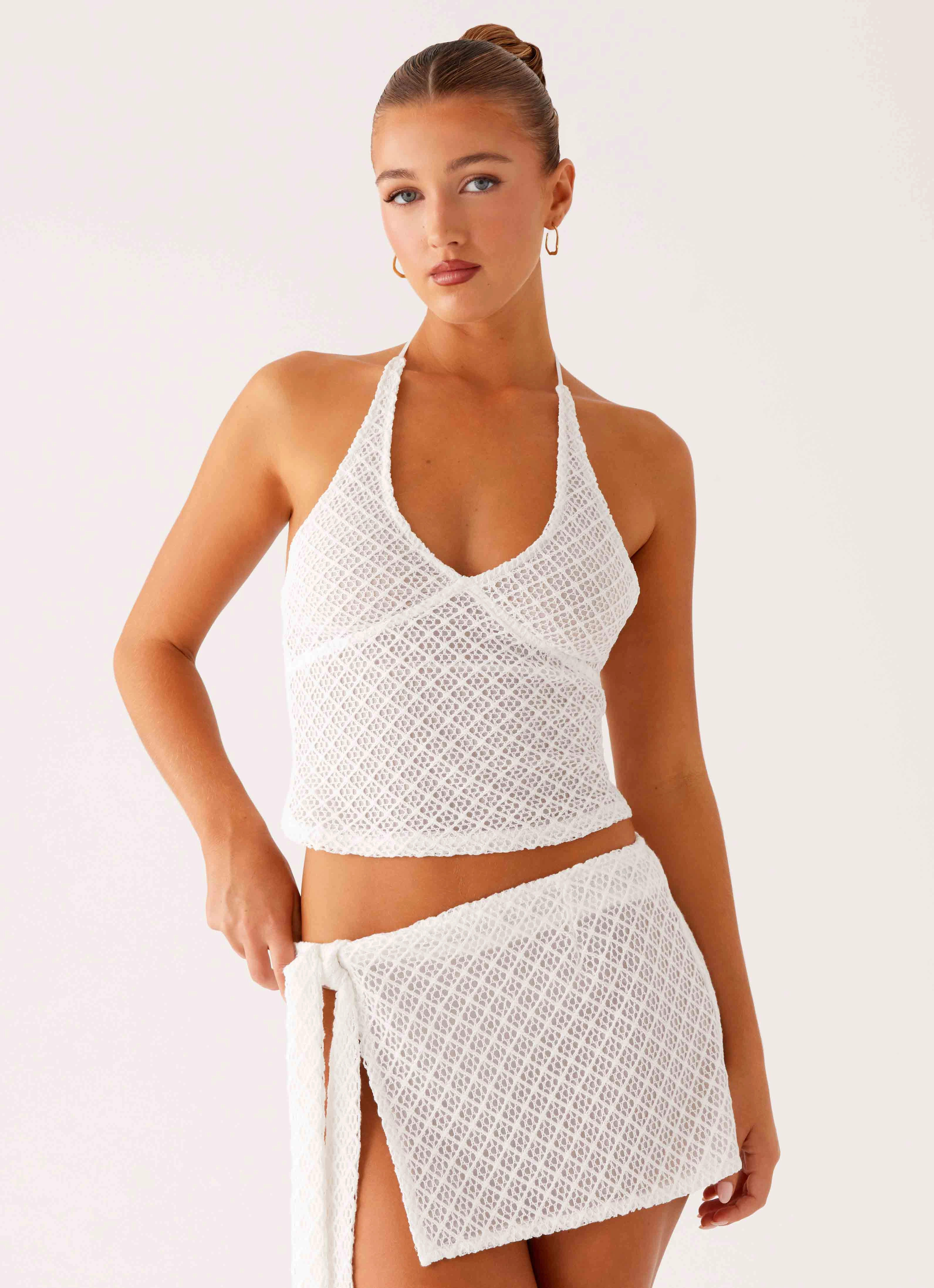 Bernie Halter Top - Ivory Laser Cut Edges Organic Cotton Blend