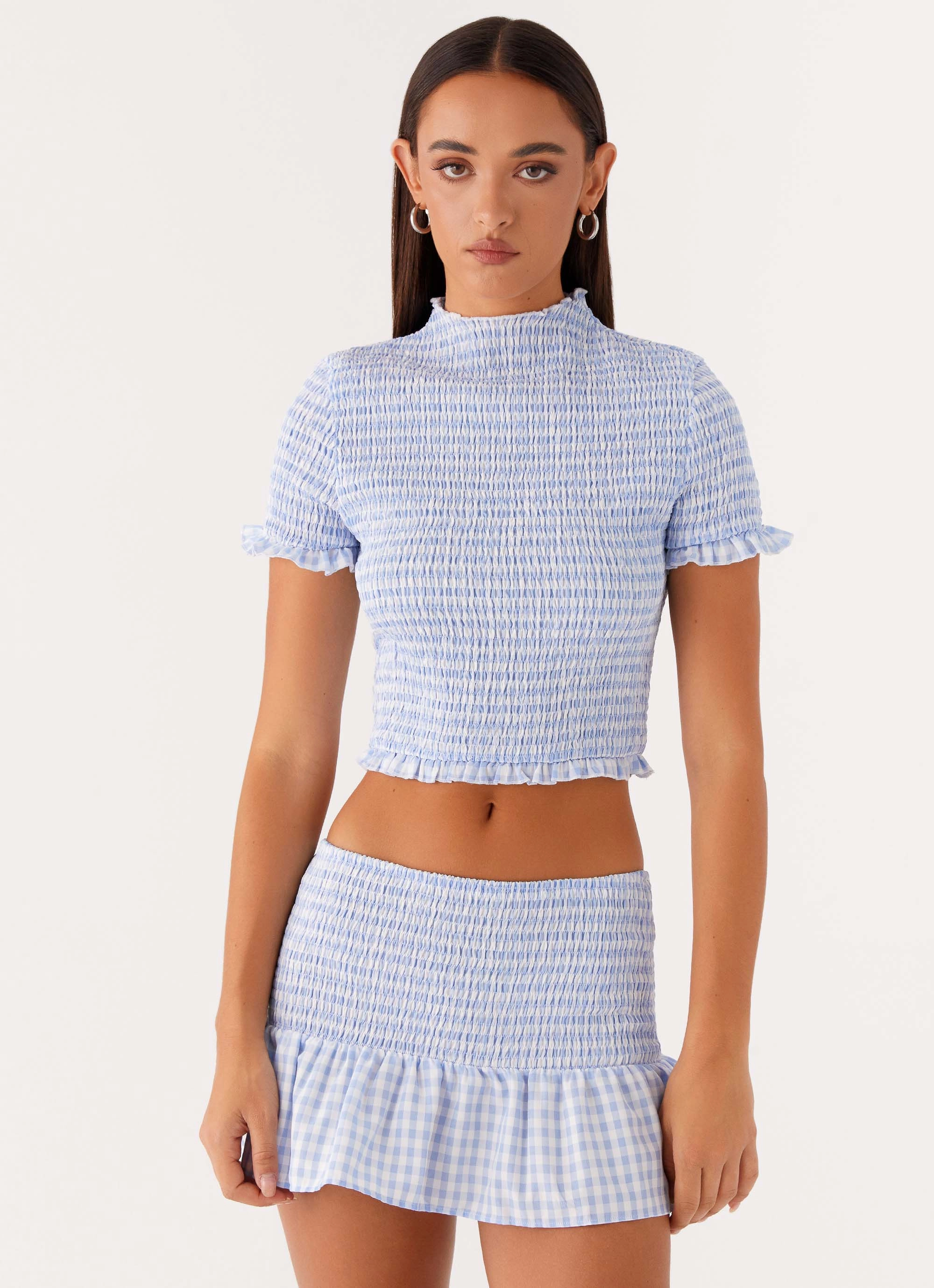 Sweetest Pie T-Shirt - Baby Blue Gingham Butter Soft Handfeel Layered Collar Design