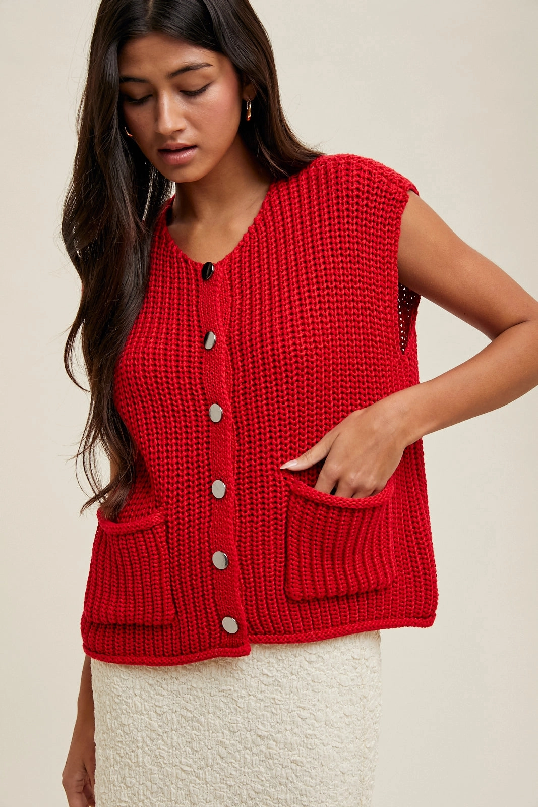 Button Up Sweater Vest - Red Biodegradable Fiber Composition Soft Material