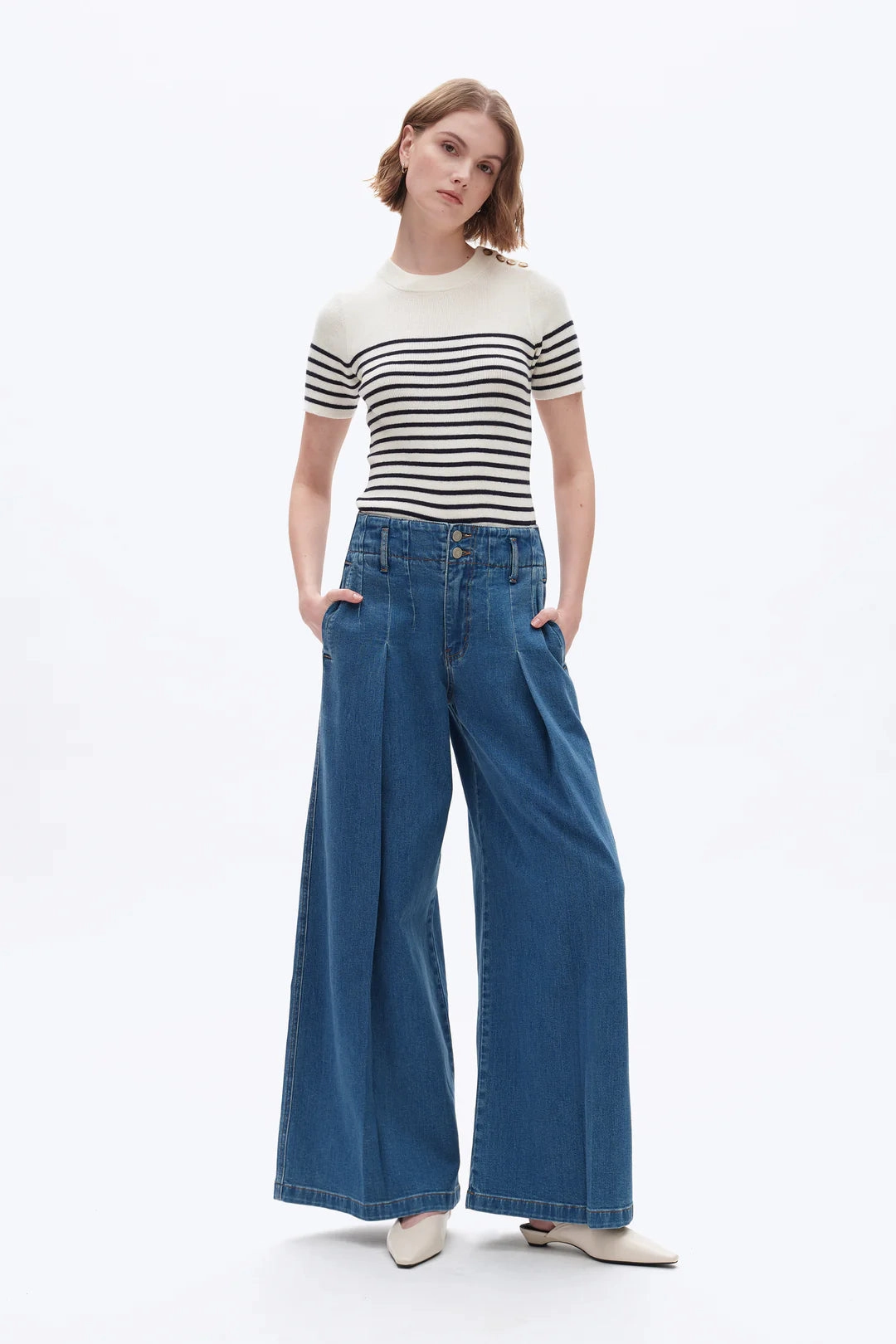 High Rise Wide Leg Pleated Jeans Biodegradable Fiber Composition