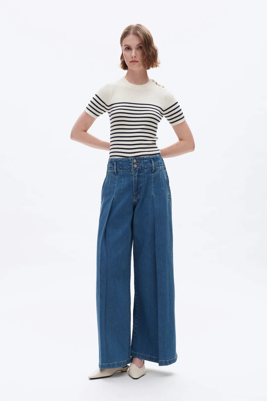 High Rise Wide Leg Pleated Jeans Reinforced Shoulder Eco Friendly Blend