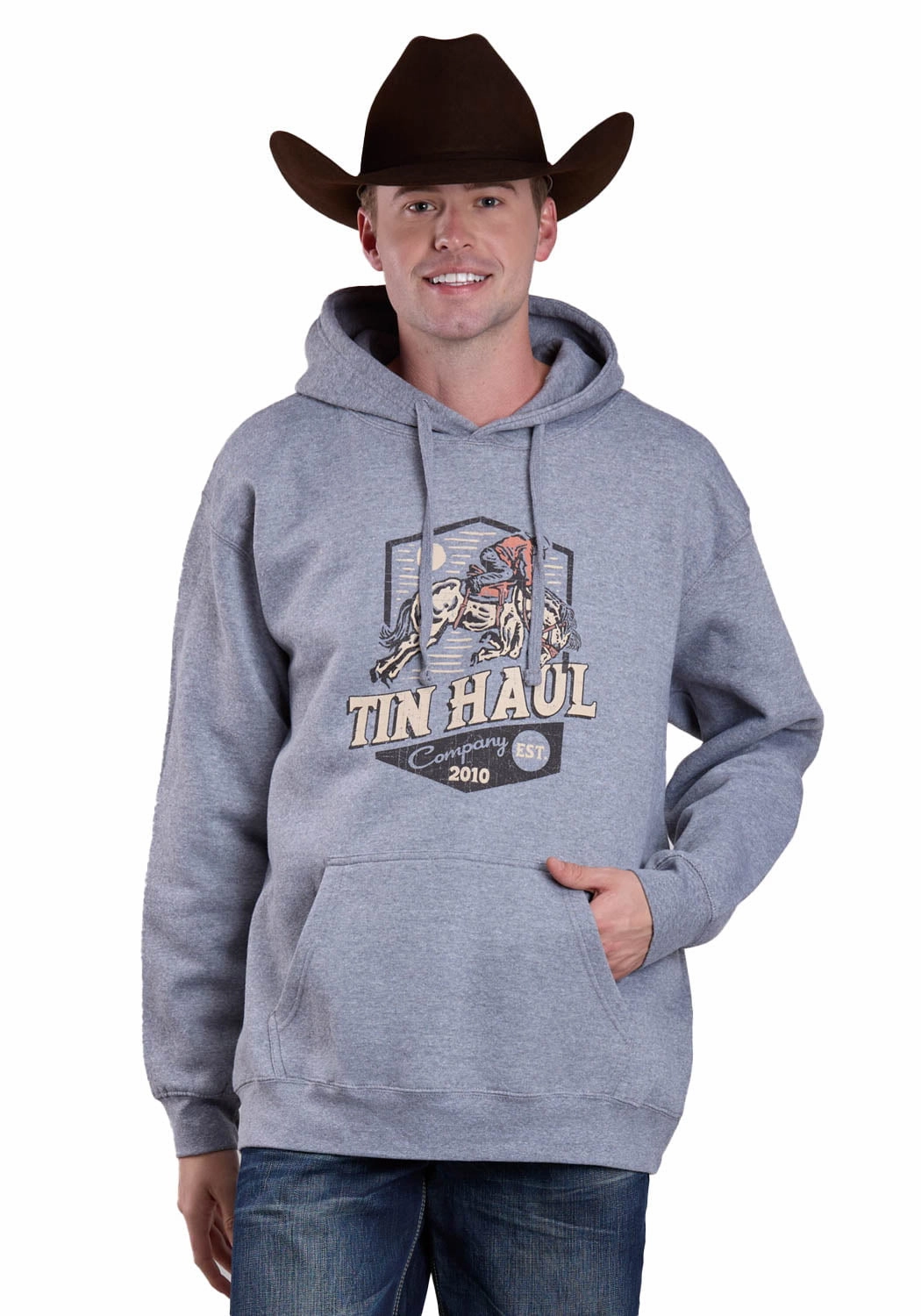 Tin Haul Mens Jumping Horse Bronc Rider Grey Cotton Blend Hoodie Weatherproof Zippers Seamless Welded Construction