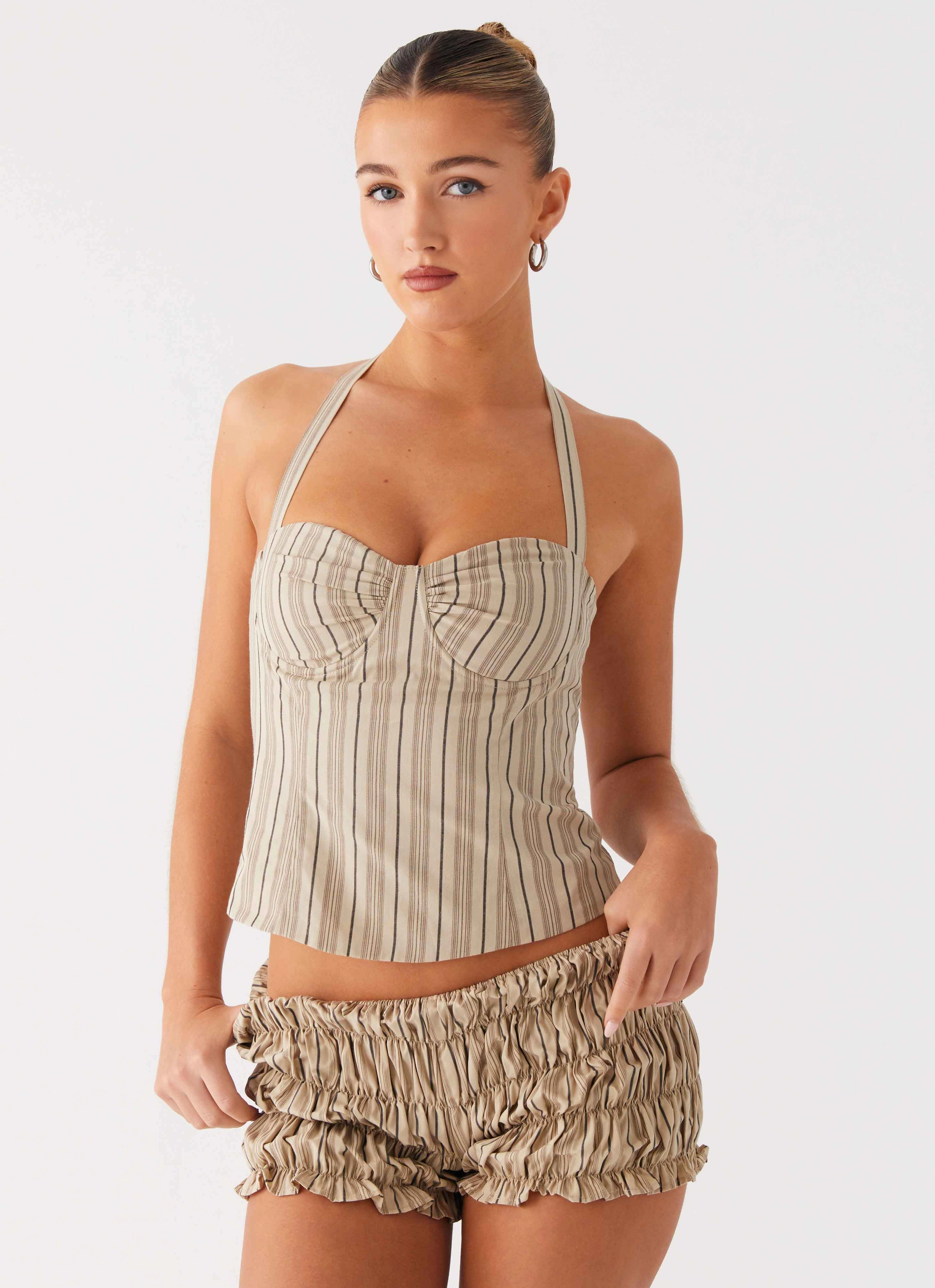 Bonded Hemline Anti Pilling Technology Cheryl Bustier Halter Top - Oatmeal Stripe