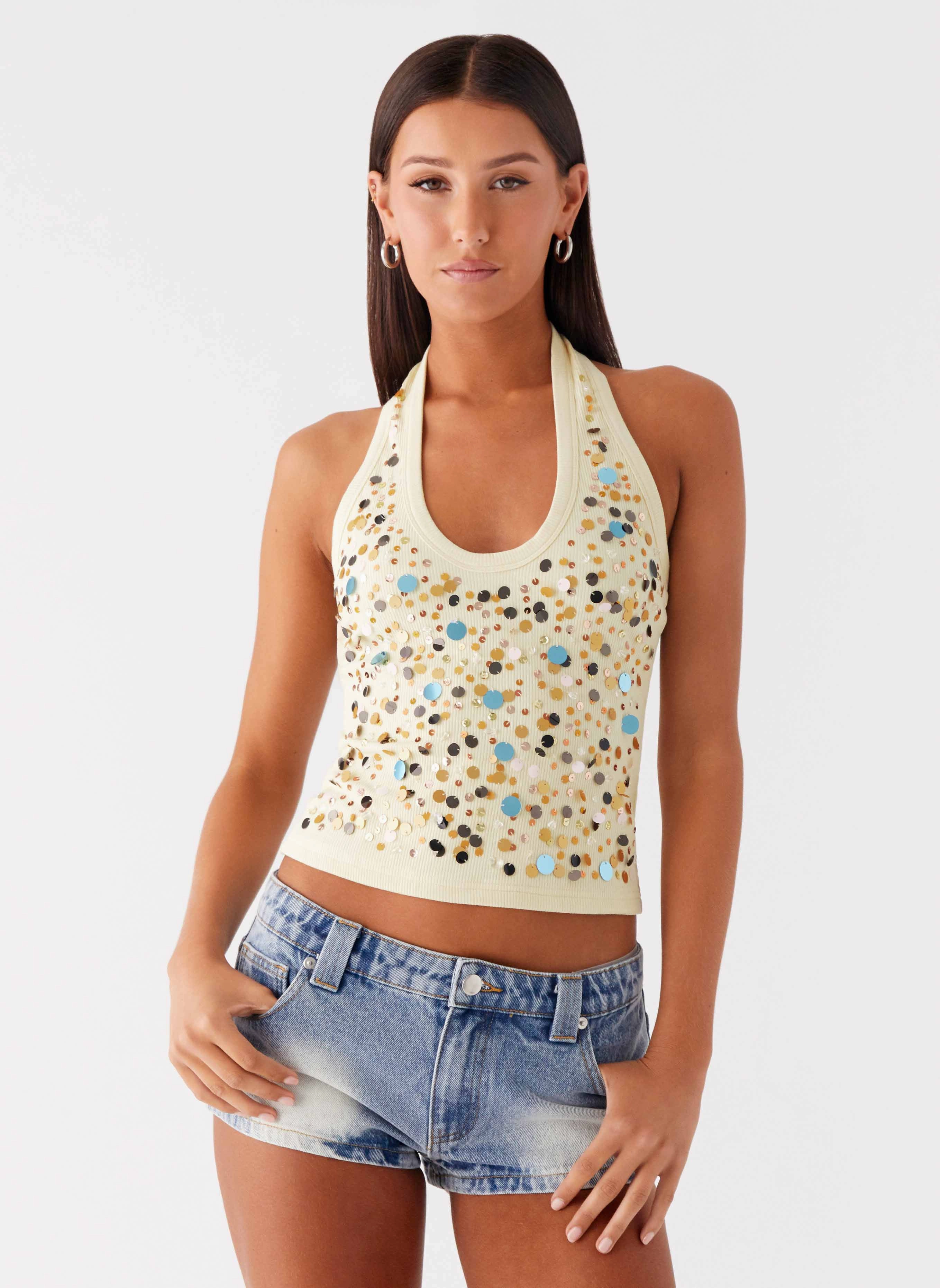 Eye Contact Sequin Halter Top - Yellow Four Way Stretch