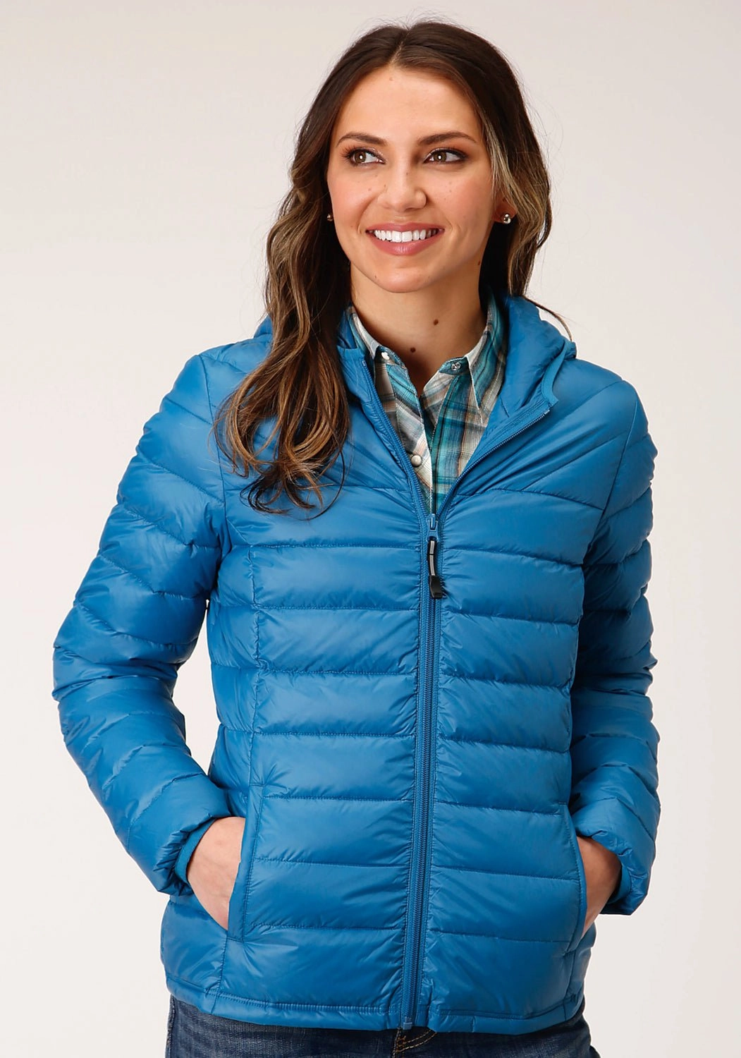 Roper Womens Teal Blue Nylon Crushable Hooded Down Coat Flexible Layer System