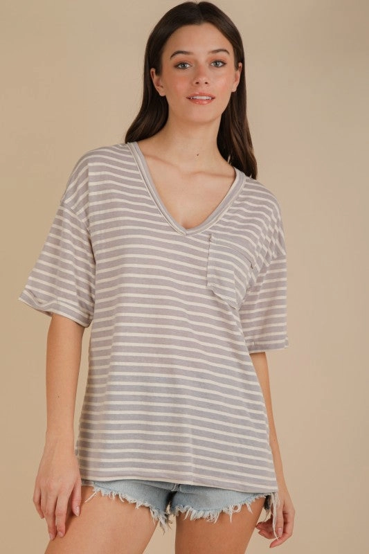 AdjustableHem Willow Oversized Stripe Casual V-neck Knit Top