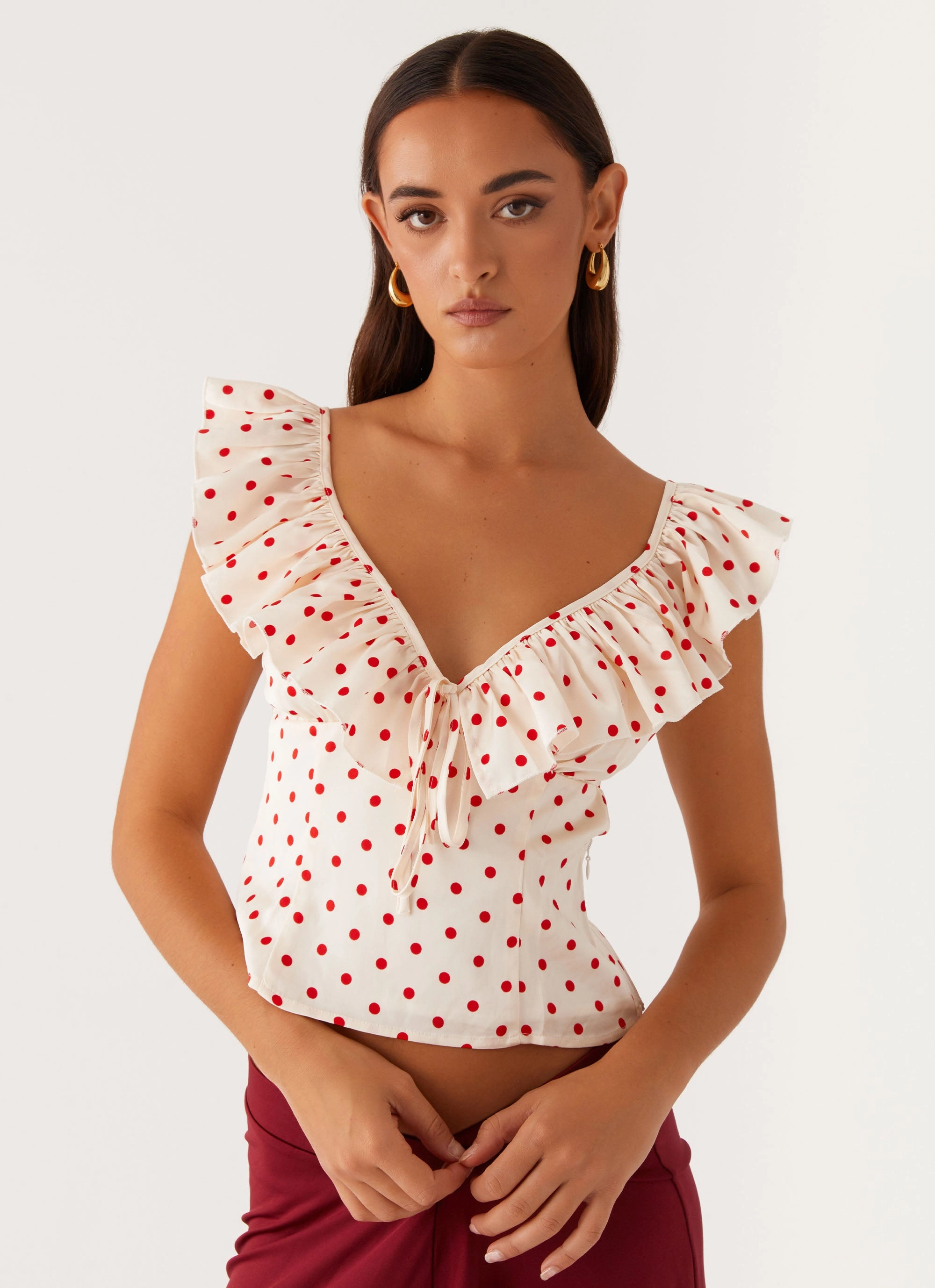 Regan Ruffle Top - Red Polka Dot RelaxedNeckline Contrast Stitch Detailing