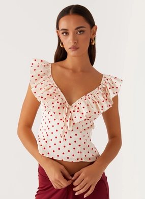 Regan Ruffle Top - Red Polka Dot RelaxedNeckline Contrast Stitch Detailing