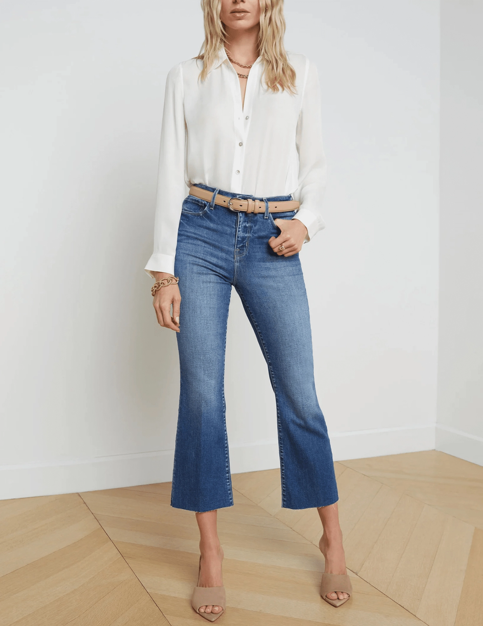 L'AGENCE Kendra High Rise Crop Flare Jeans in Cambridge Stylish Waistband Neutral Style