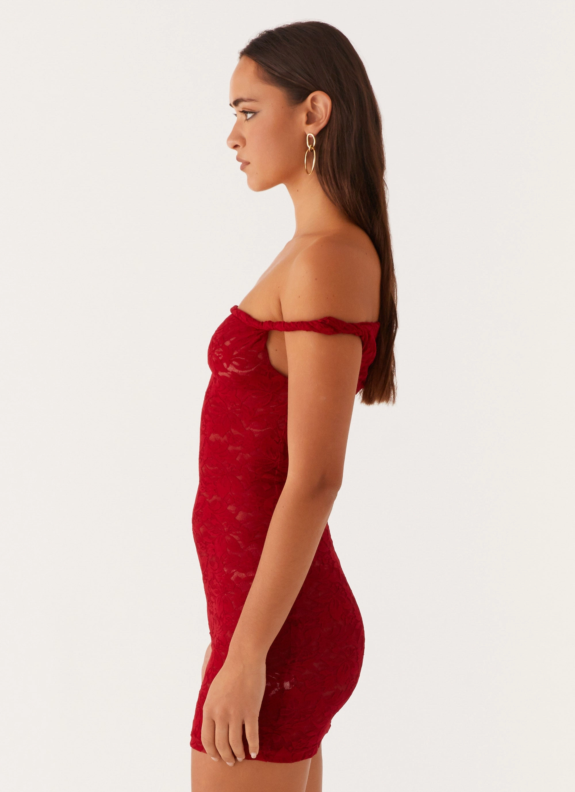 Arabella Lace Twist Shoulder Mini Dress - Red Comfy and Cozy