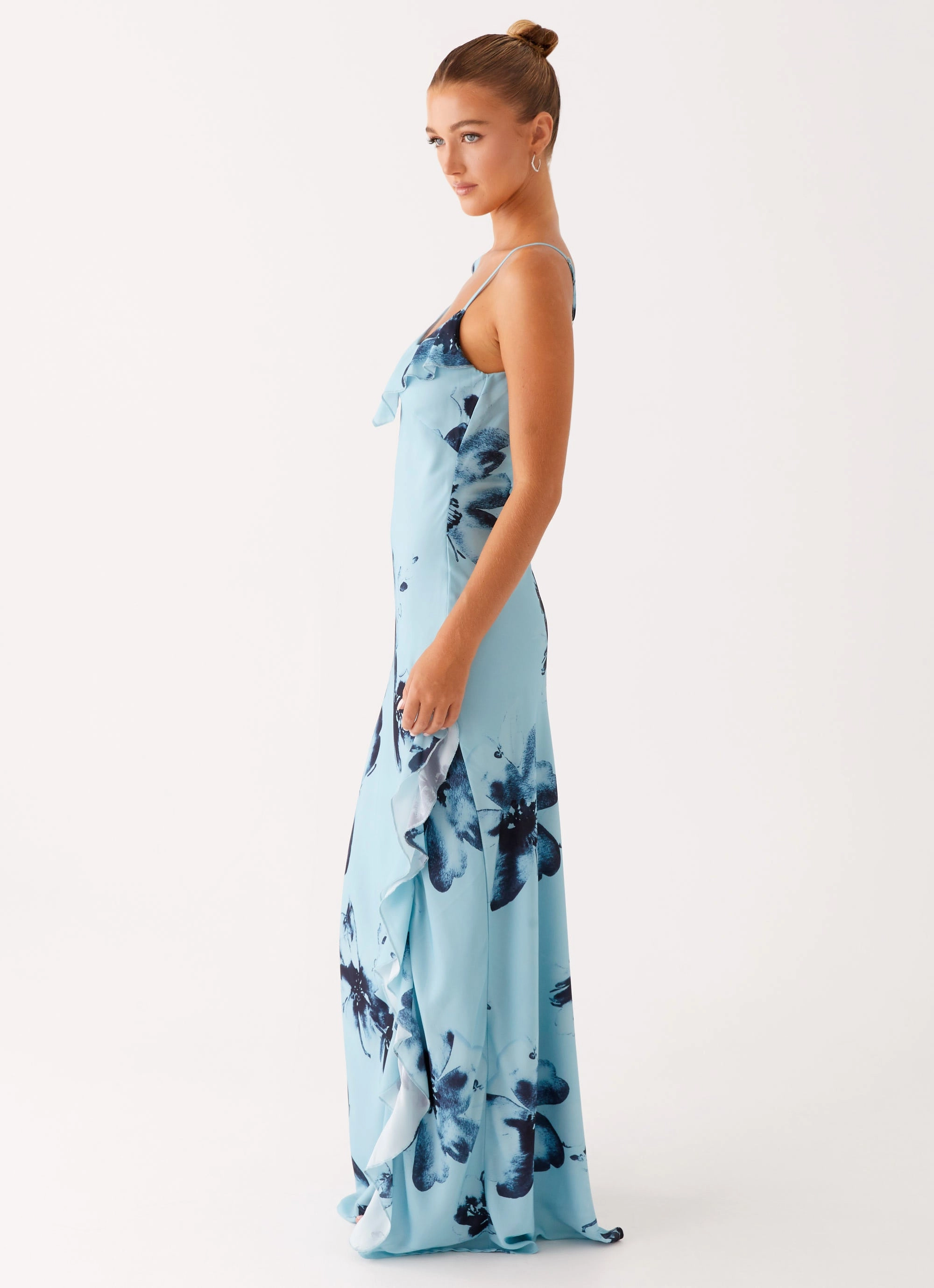 Goldsmith Maxi Dress - Blue Black Floral Delicate Details Tulle-Overlay