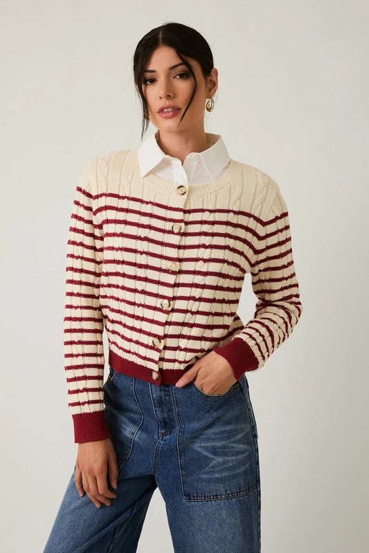 Striped Cable Knit Cardigan Moisture Wicking Knit All-Purpose Knit