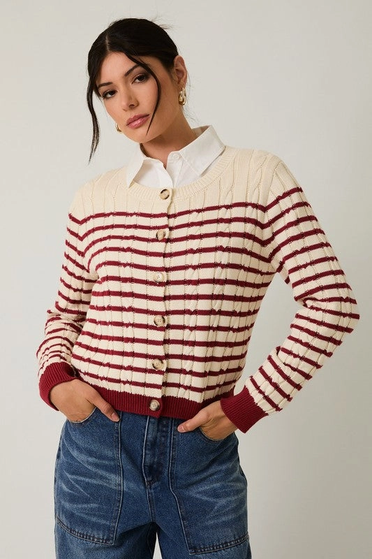 SheerLayering Striped Cable Knit Cardigan
