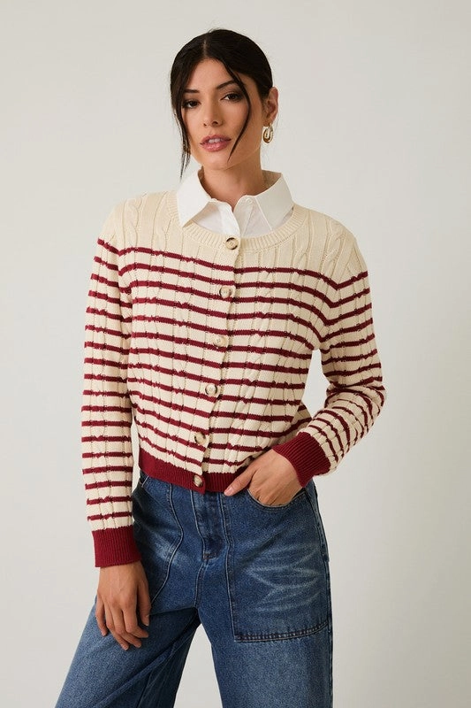 Snag Proof Weave BreathableMaterial Striped Cable Knit Cardigan