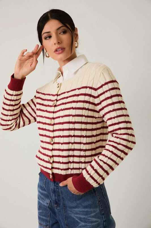 Striped Cable Knit Cardigan Oversized Silhouette