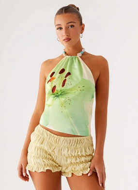 Dalila Beaded Tie Back Top - Yellow Floral Layered Look Ventilated Mesh Panels