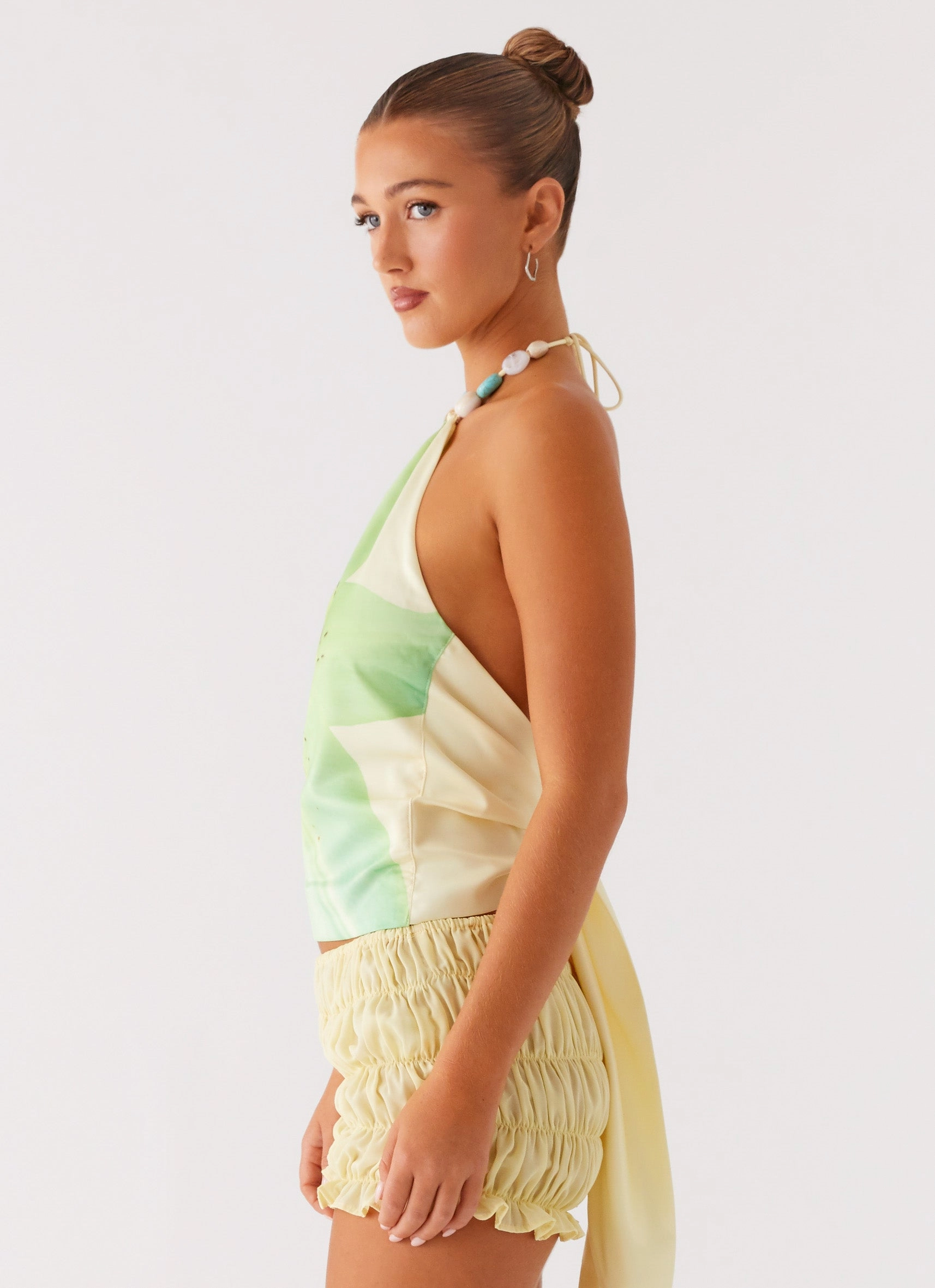 Elegant Cardigan Unstructured Fit Dalila Beaded Tie Back Top - Yellow Floral