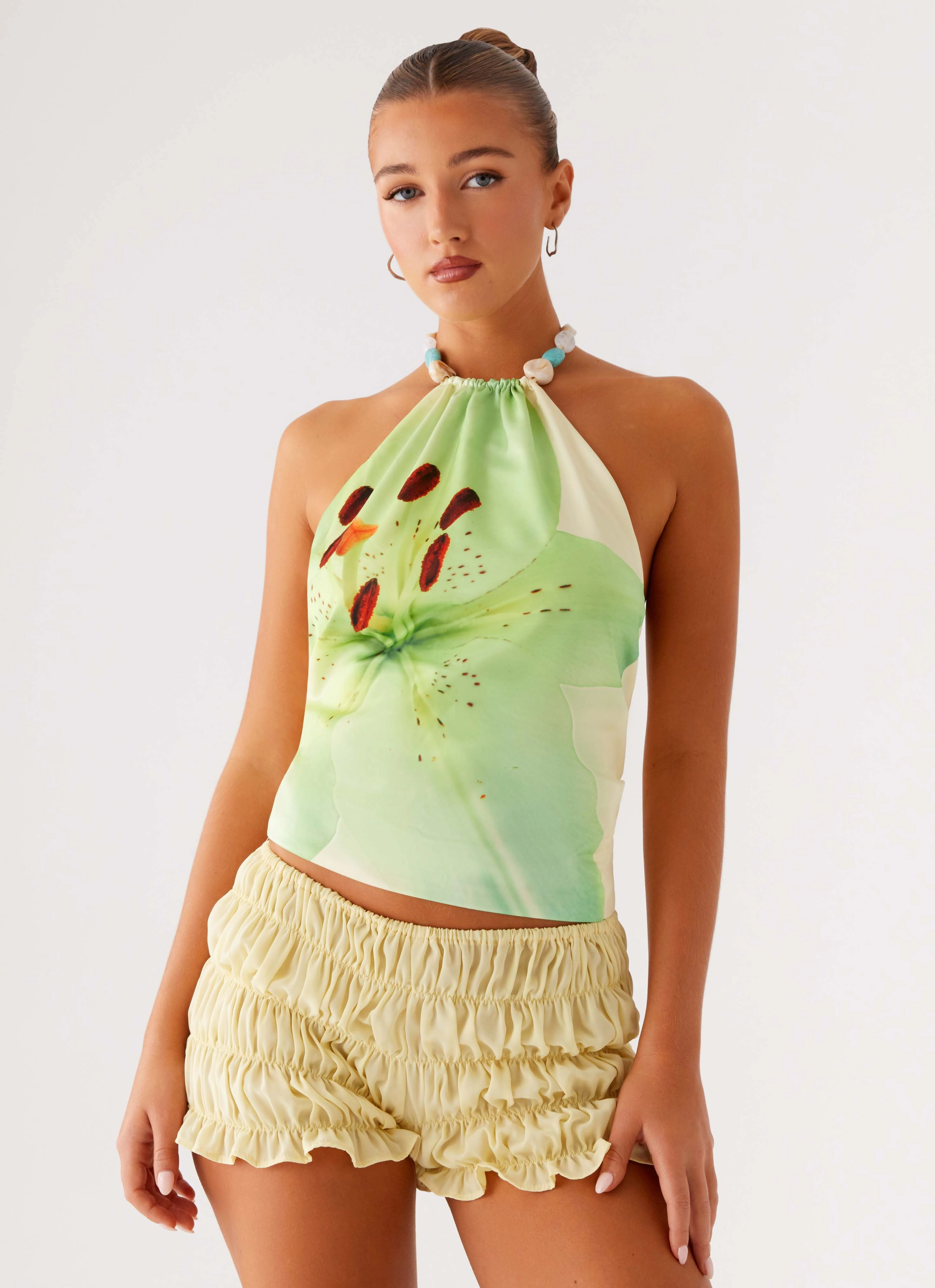 Dalila Beaded Tie Back Top - Yellow Floral Layered Look Ventilated Mesh Panels