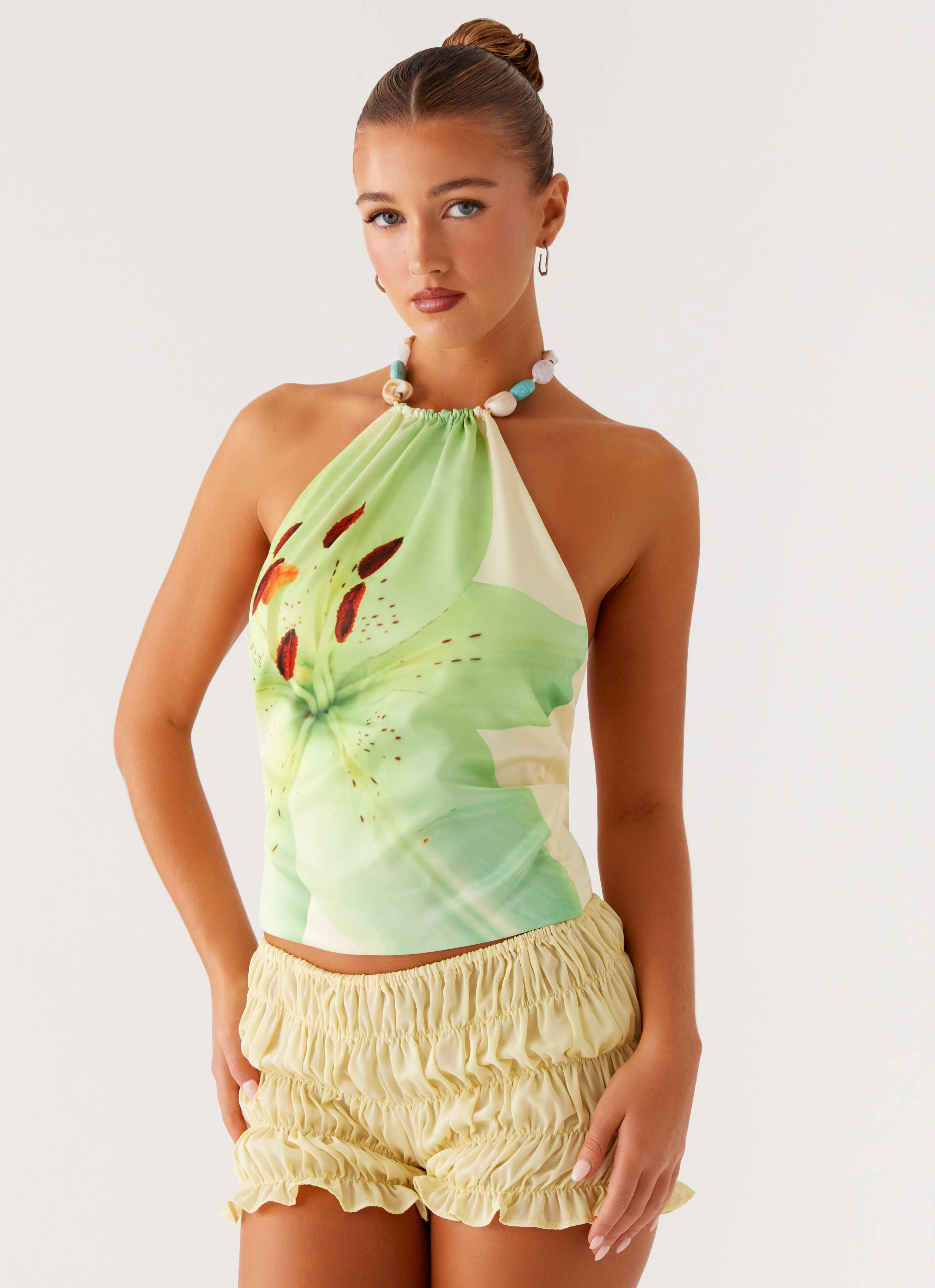 Dalila Beaded Tie Back Top - Yellow Floral Full Coverage Fit NoSlipSurface