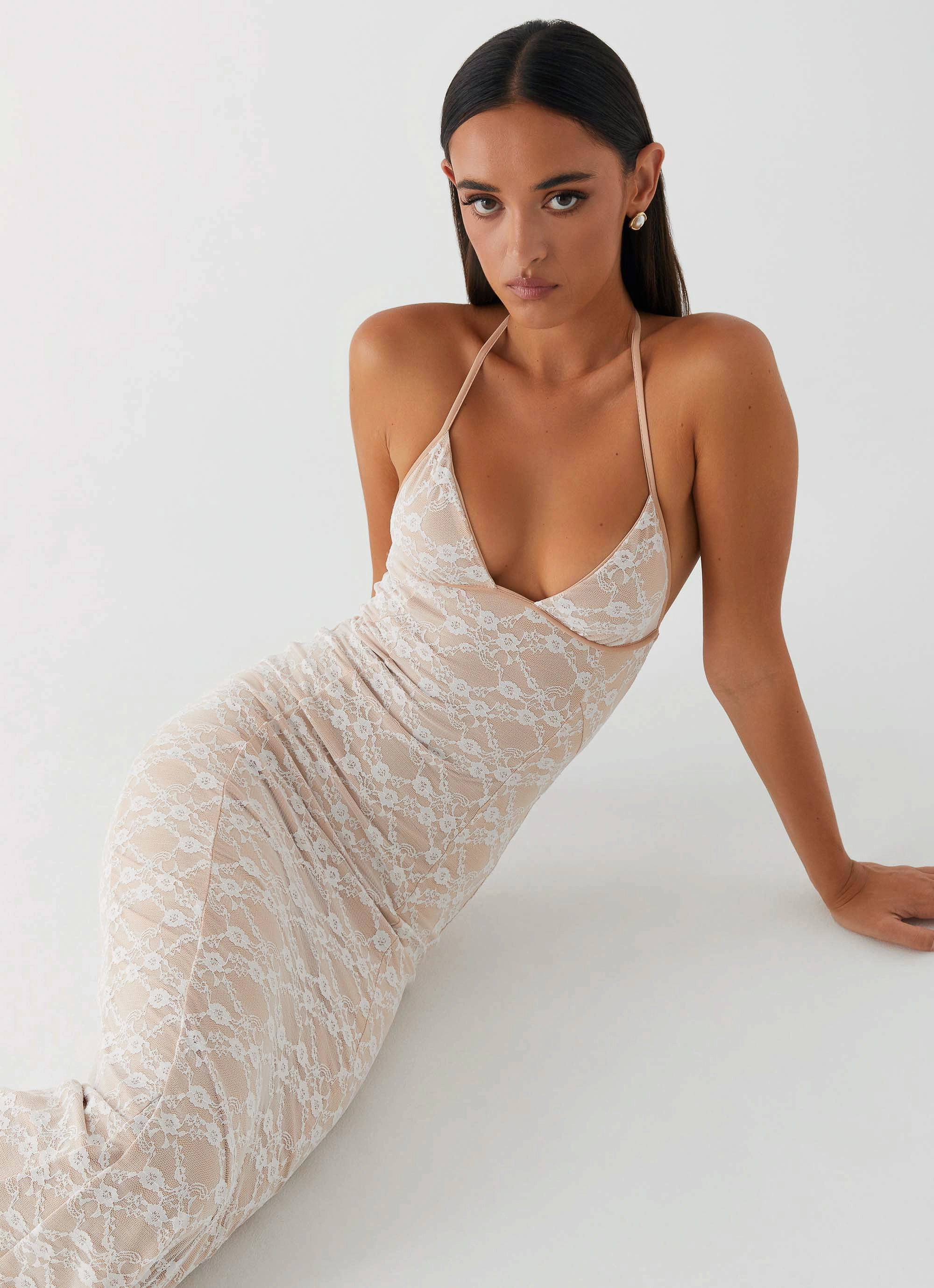 Jolina Lace Maxi Dress - White Flattering Look Fringe-Detail