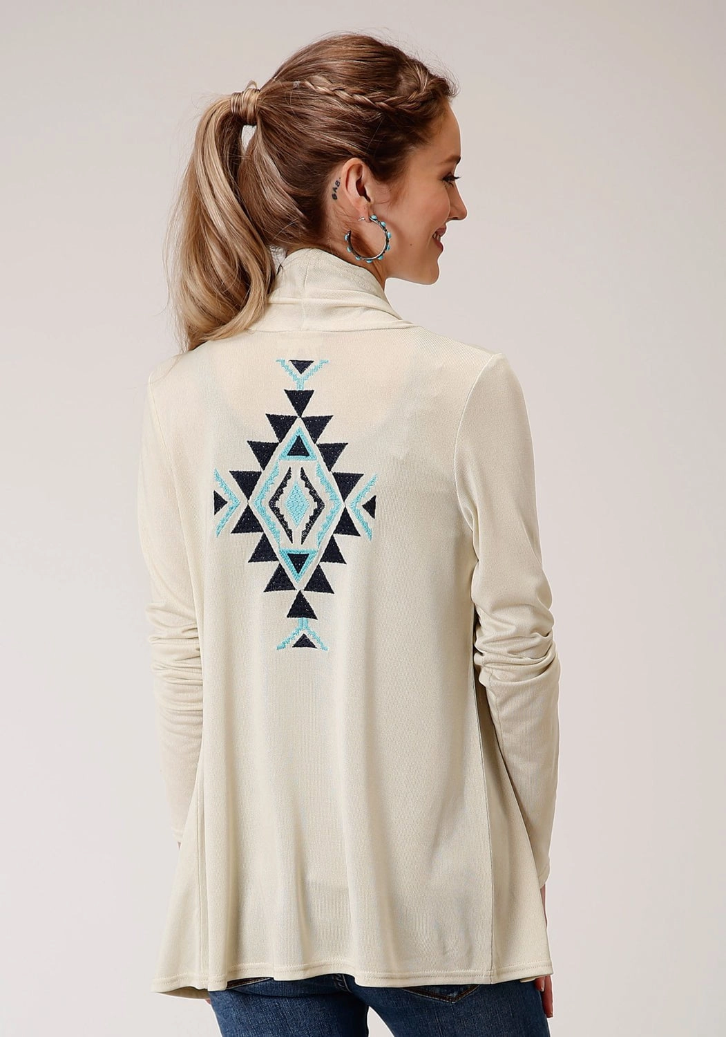 Soft Knit Roper Womens Cream Polyester Aztec Knit Cardigan