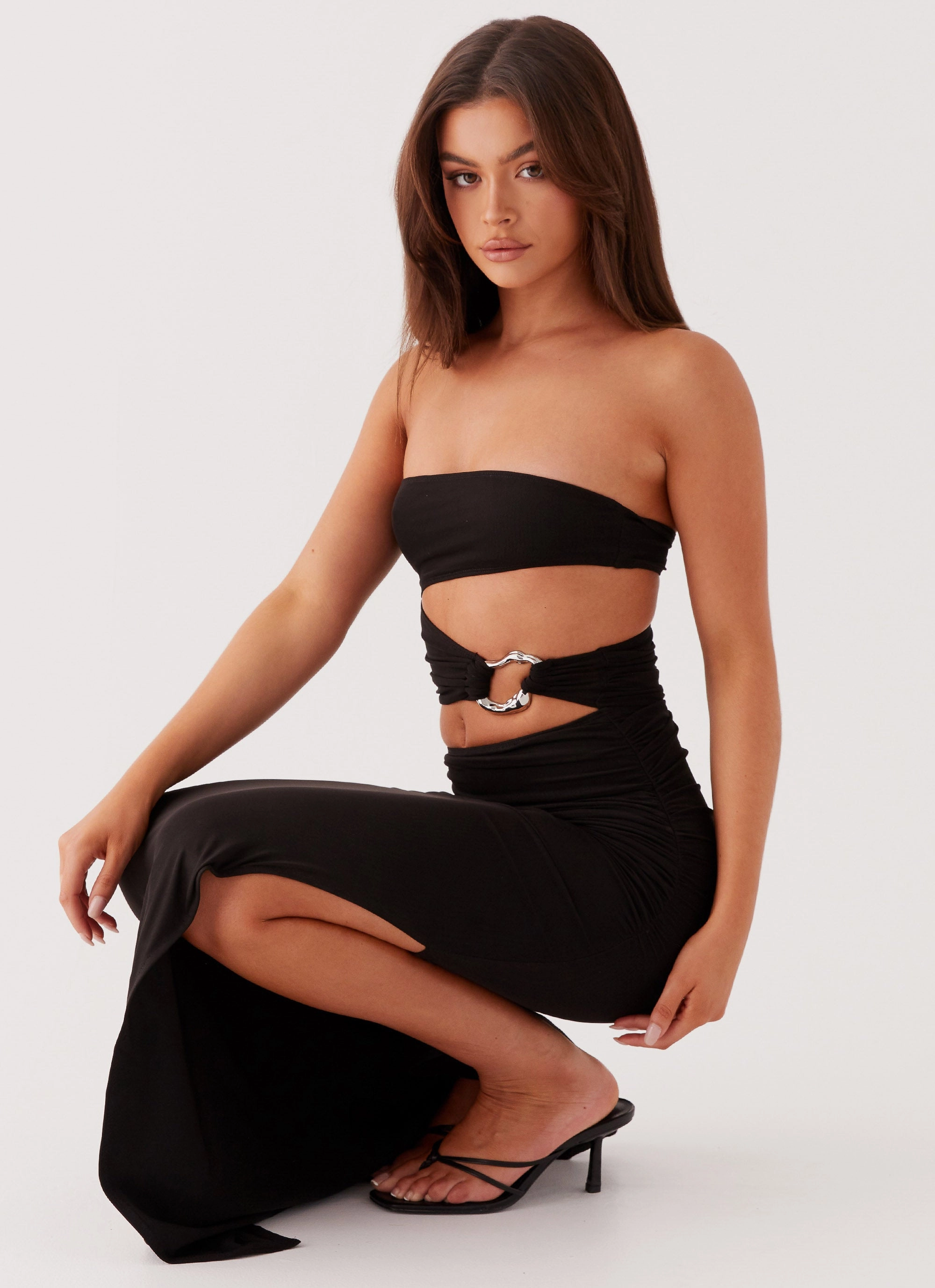 Into Pieces Mesh Maxi Dress - Black Comfortable fit-and-flare dress Flowing Lines