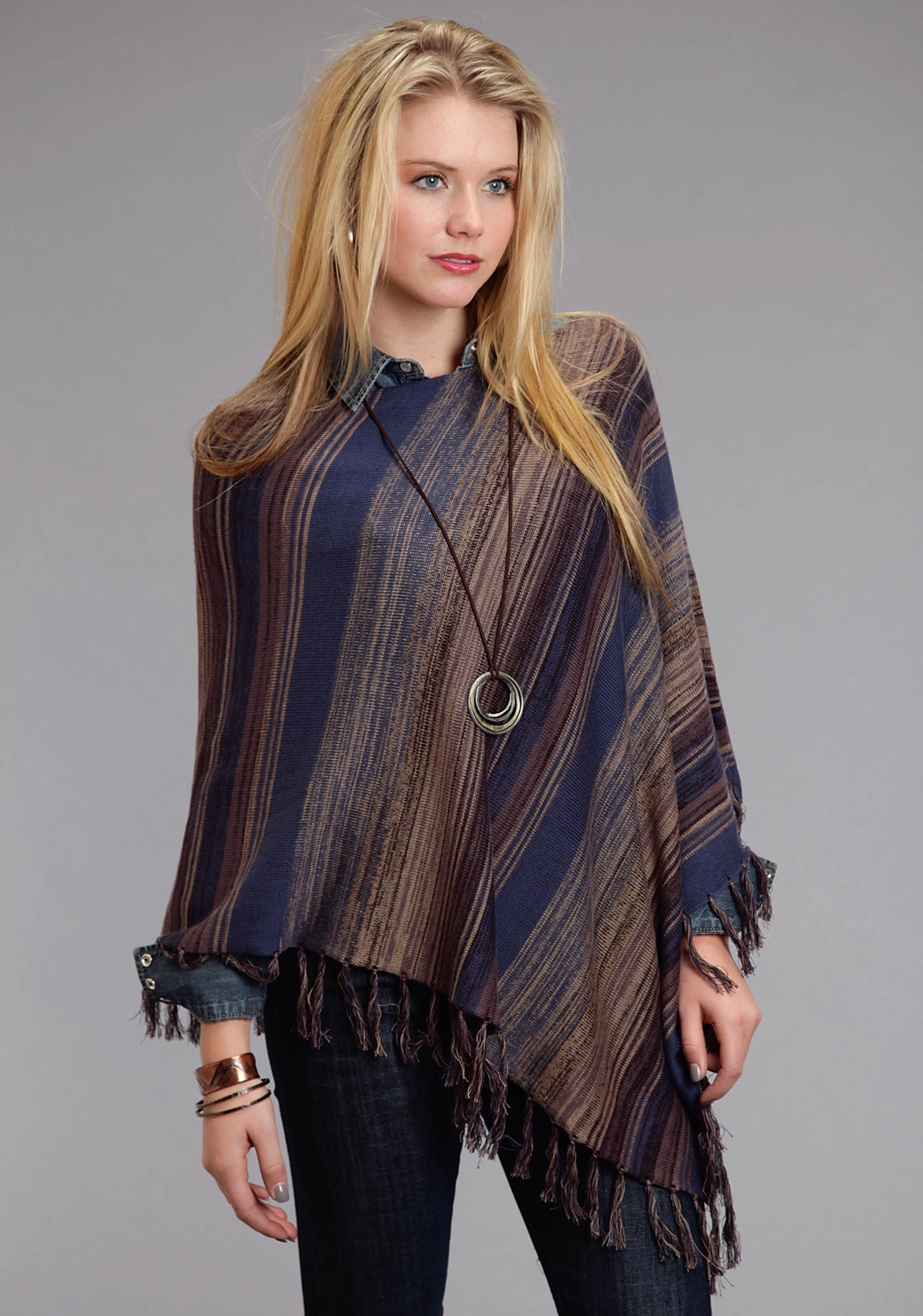 Stetson Womens Asymmetrical Scoop Neck Blue Cotton Blend Poncho Trendy Winter