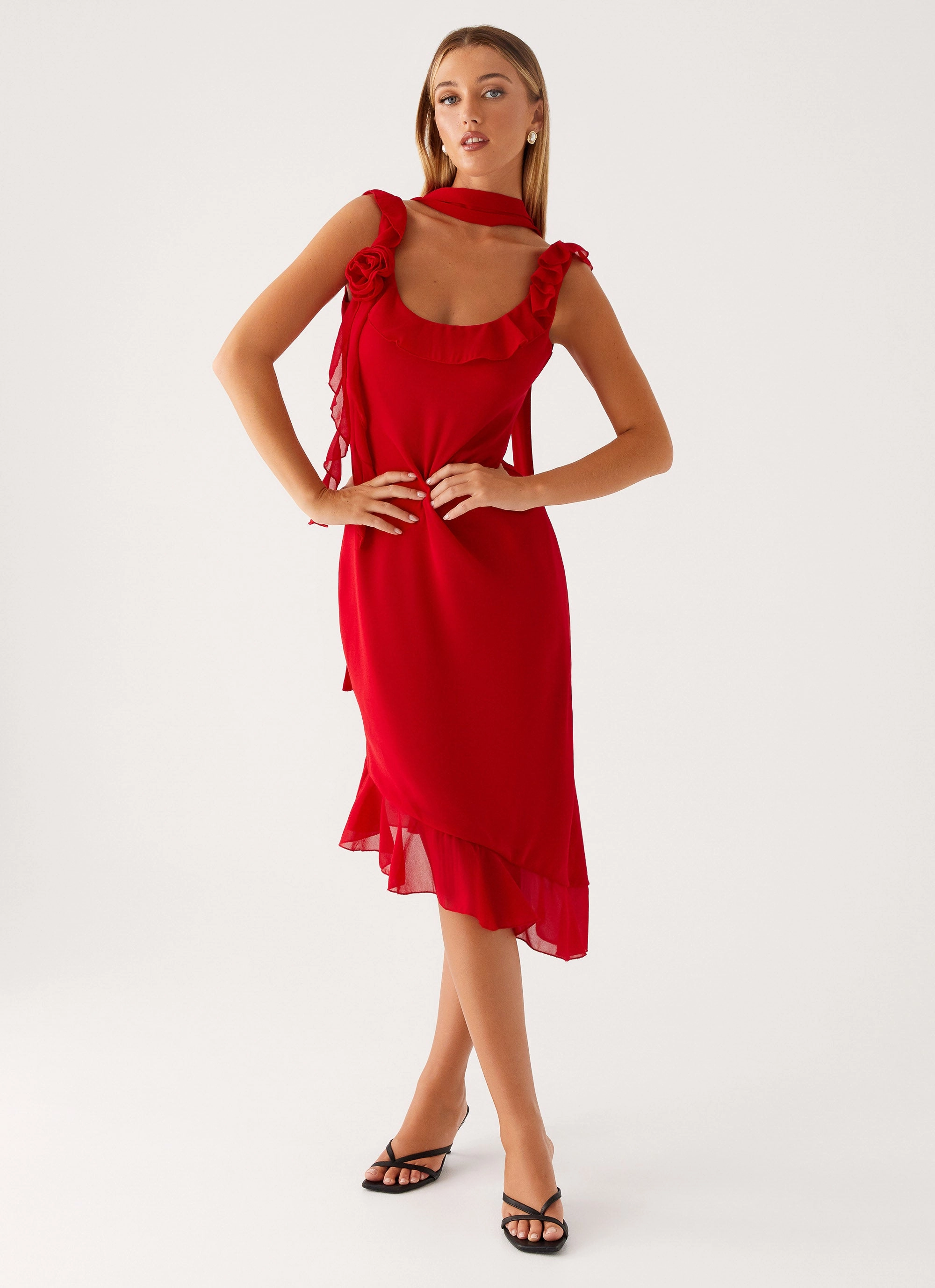 Fariday Midi Dress - Red Flattering Silhouette Wear