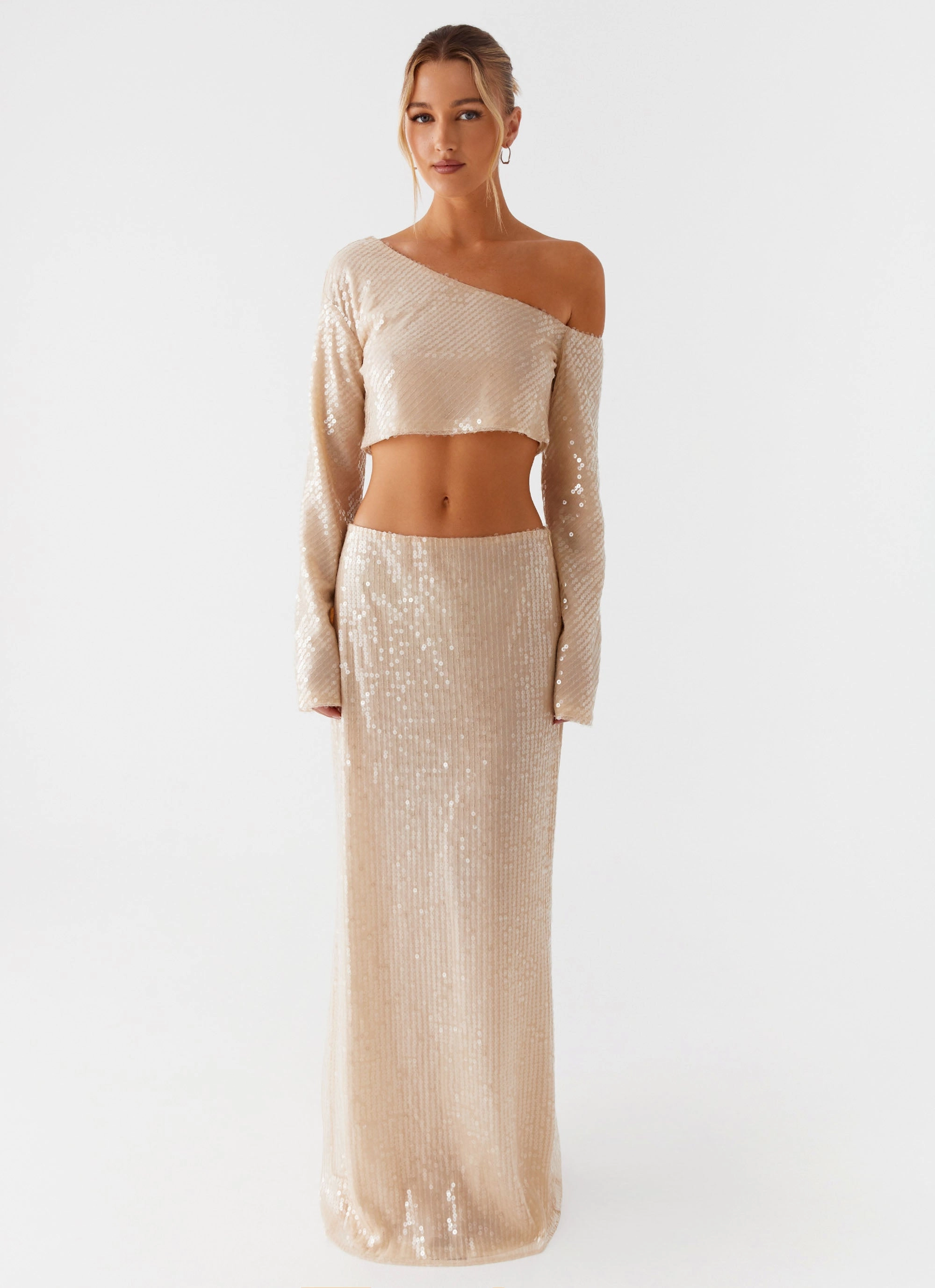 Wisteria Low Rise Sequin Maxi Skirt - Champagne Wrap style Street Elegance