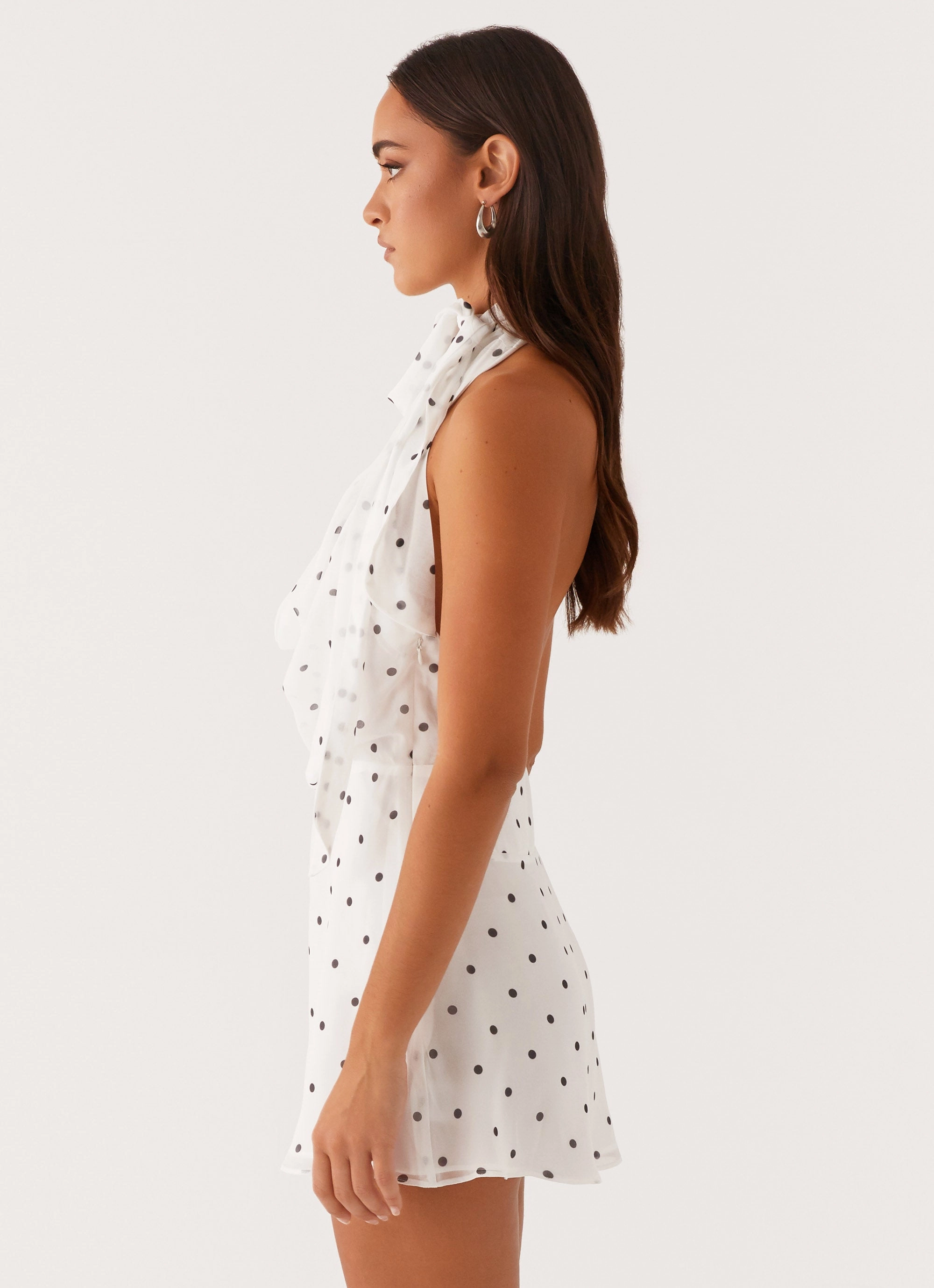 Avalia Backless Scarf Mini Dress - White Polka Dot Quick-Dry Day Ready