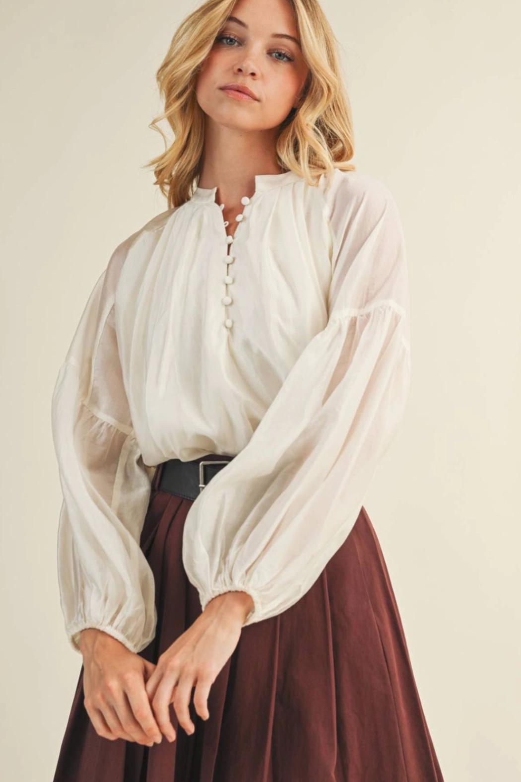 AntiPilling Surface Reinforced Neckline Detail Balloon Sleeve Button Front Top