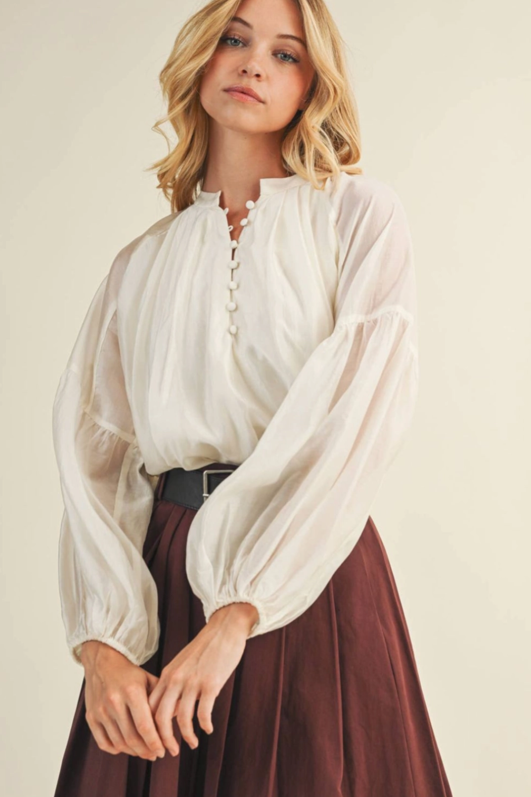 Balloon Sleeve Button Front Top MultiPocket Design