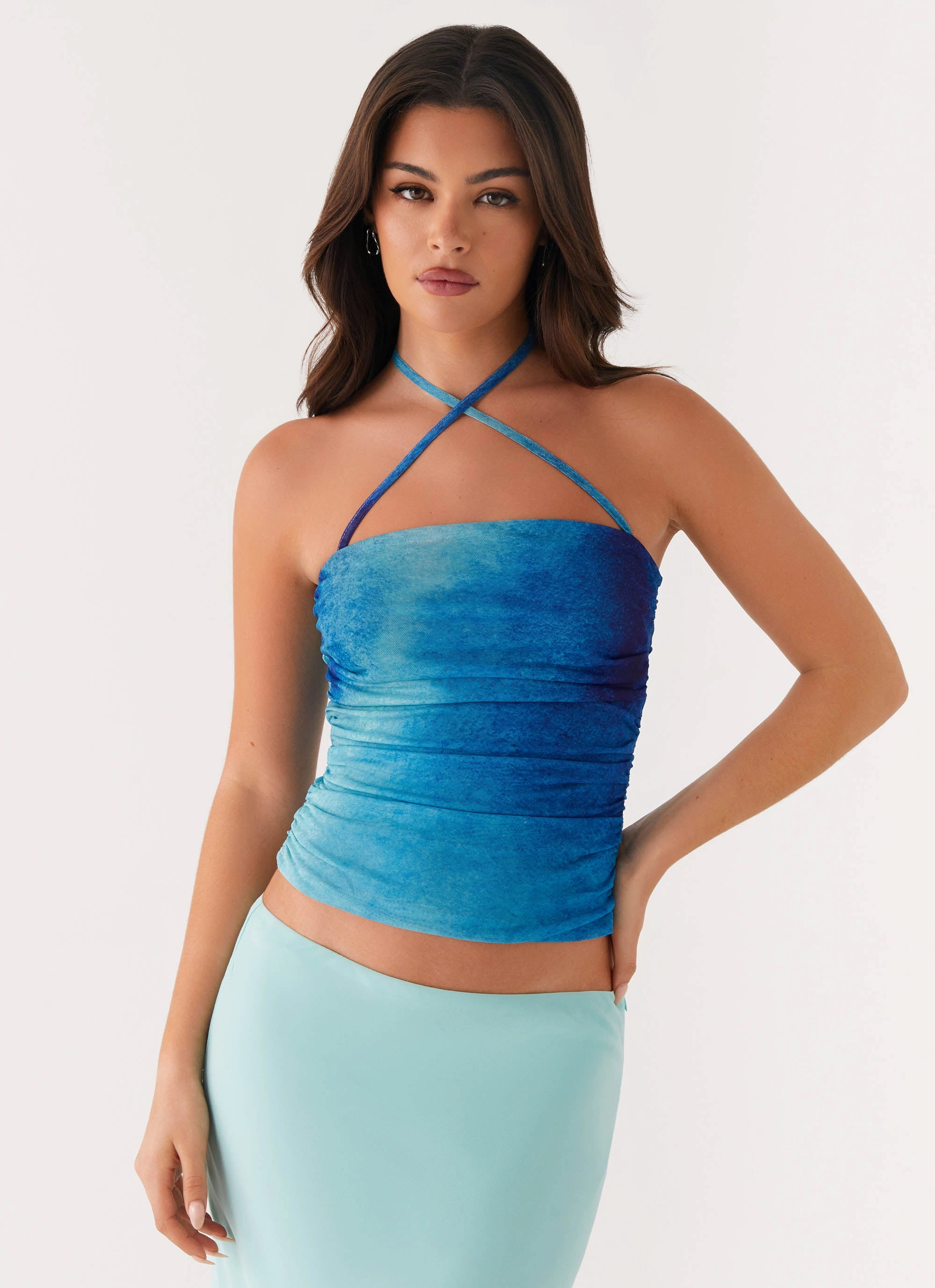 Light Reflective Printing Ribbed Hemline Remedy Halter Top - Blue Tie Dye