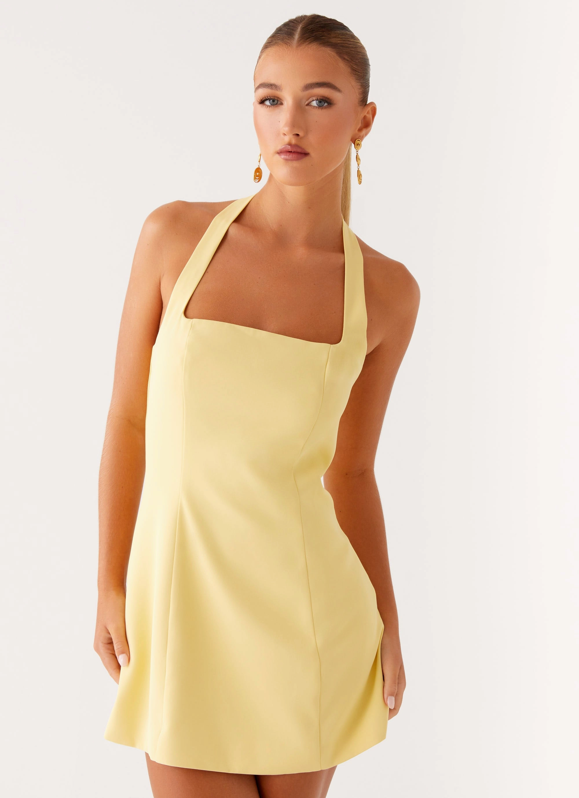 Mermaid-Hem Statement Look Remi Halter Mini Dress - Yellow