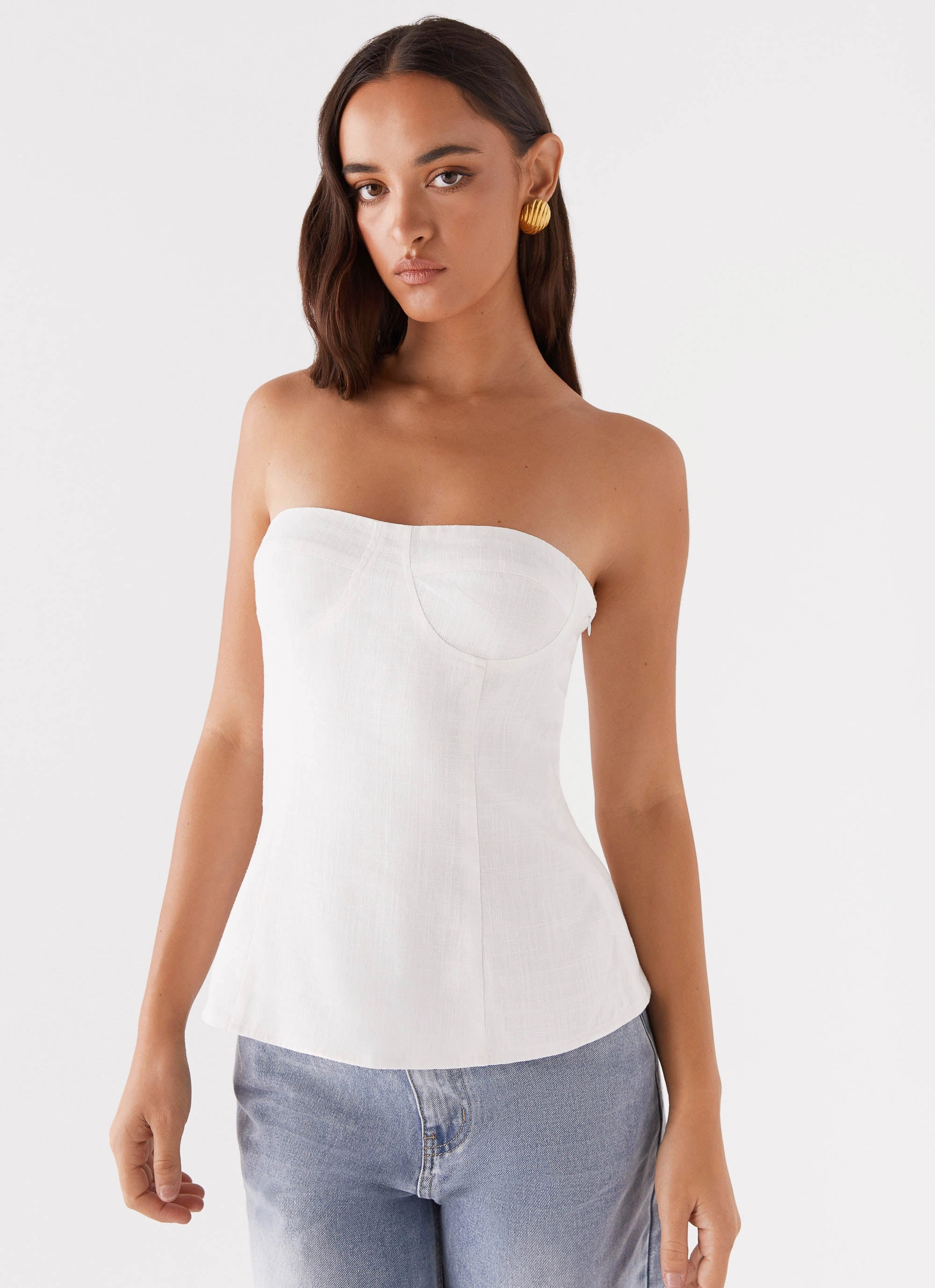 Rennie Linen Bustier Top - White Ribbed Hem Finish Layered Hem Reinforcement